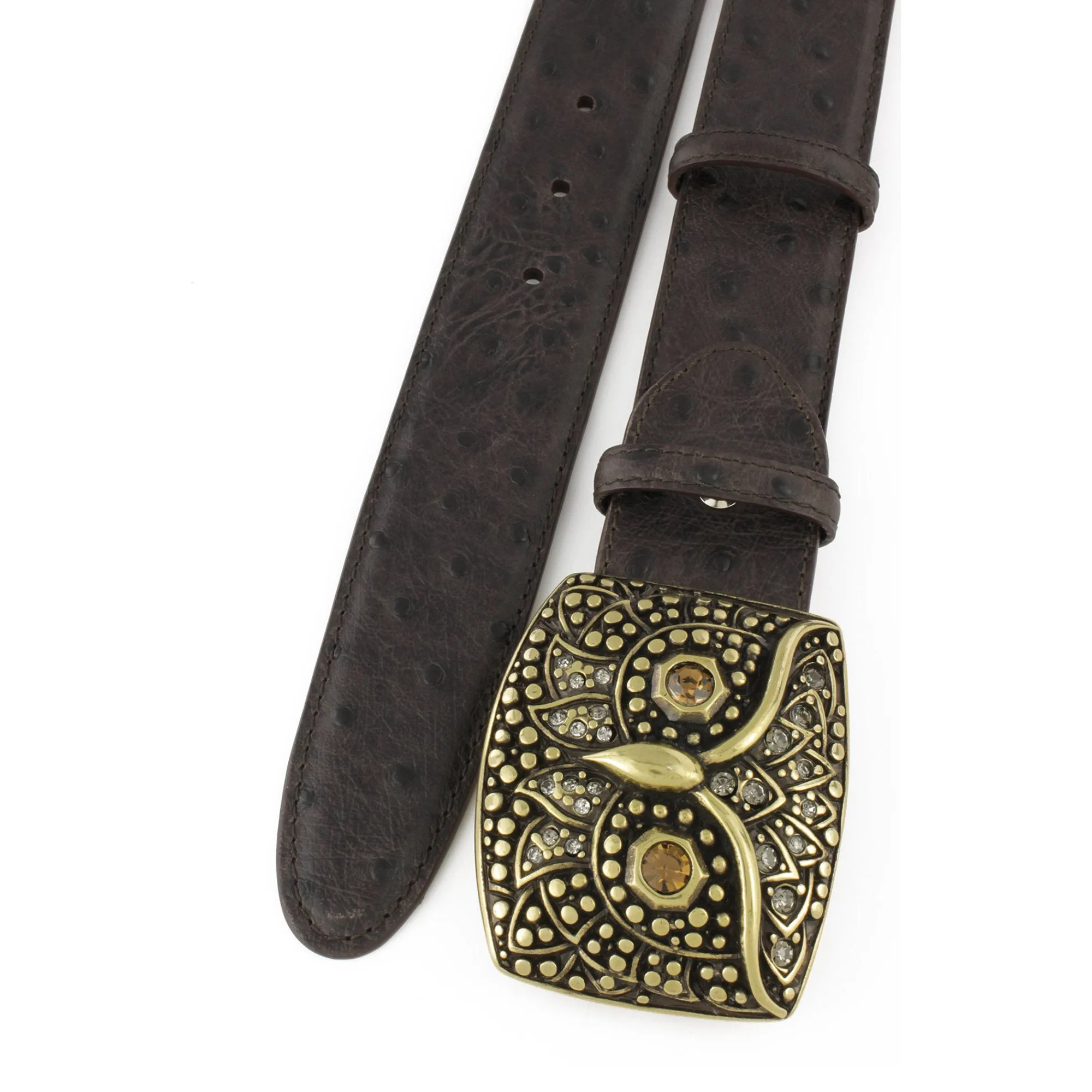 Dark choc mock ostrich quill belt with gold crystal owl buckle