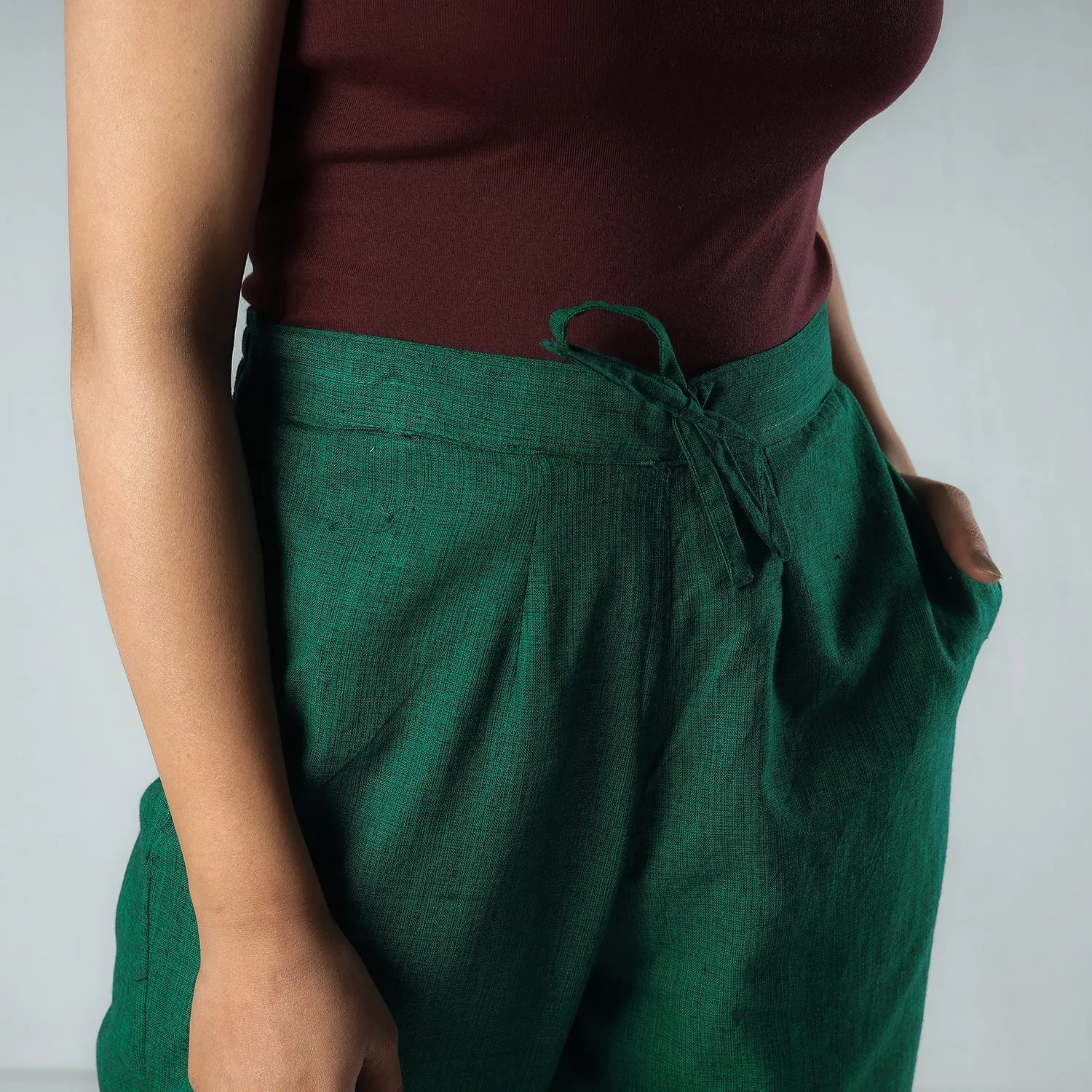 Dark Green - Texture Plain Dyed Cotton Relaxed Fit Pant