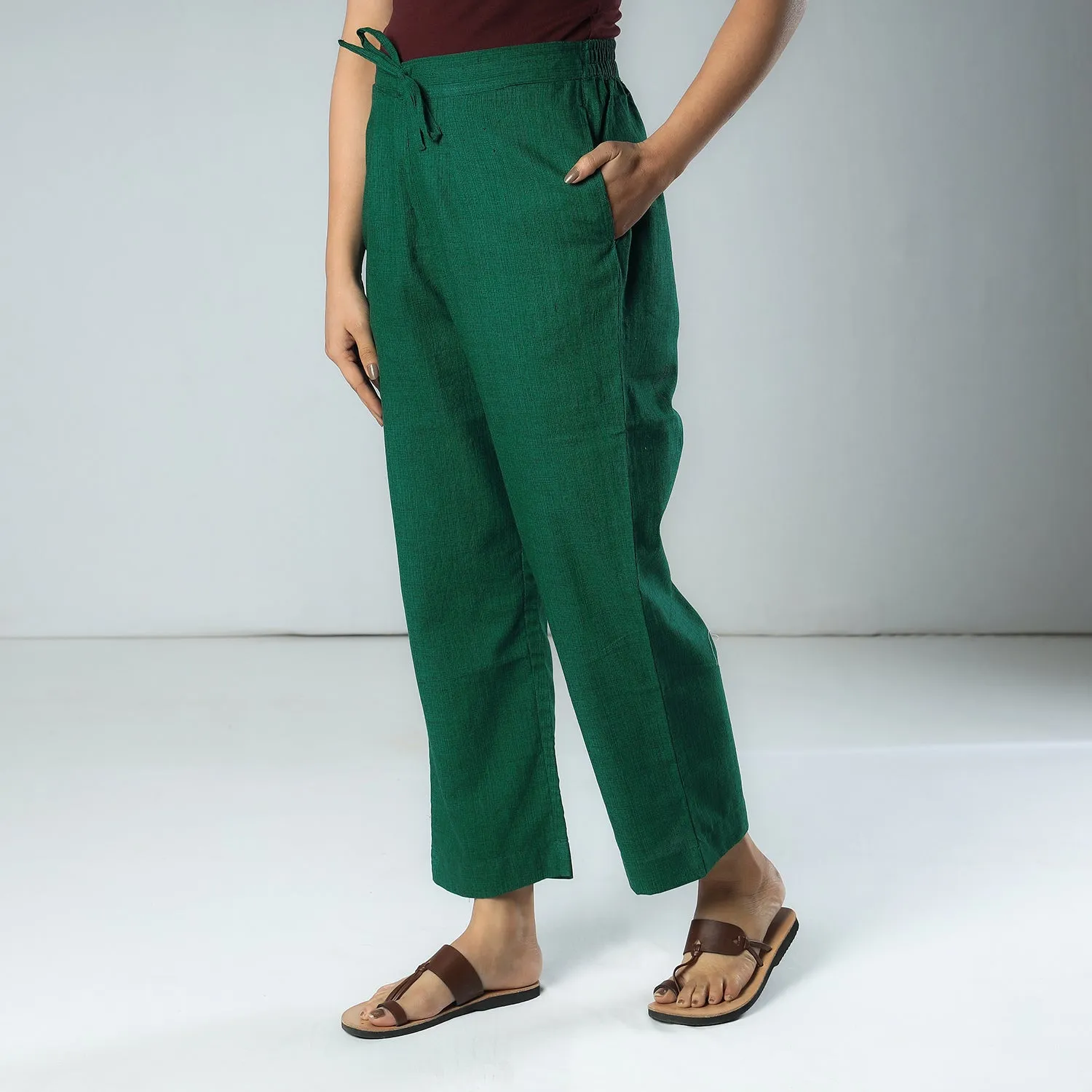Dark Green - Texture Plain Dyed Cotton Relaxed Fit Pant