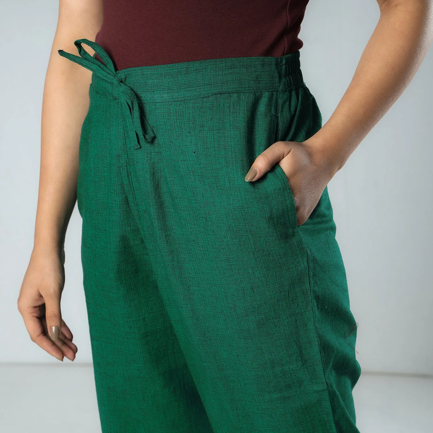 Dark Green - Texture Plain Dyed Cotton Relaxed Fit Pant