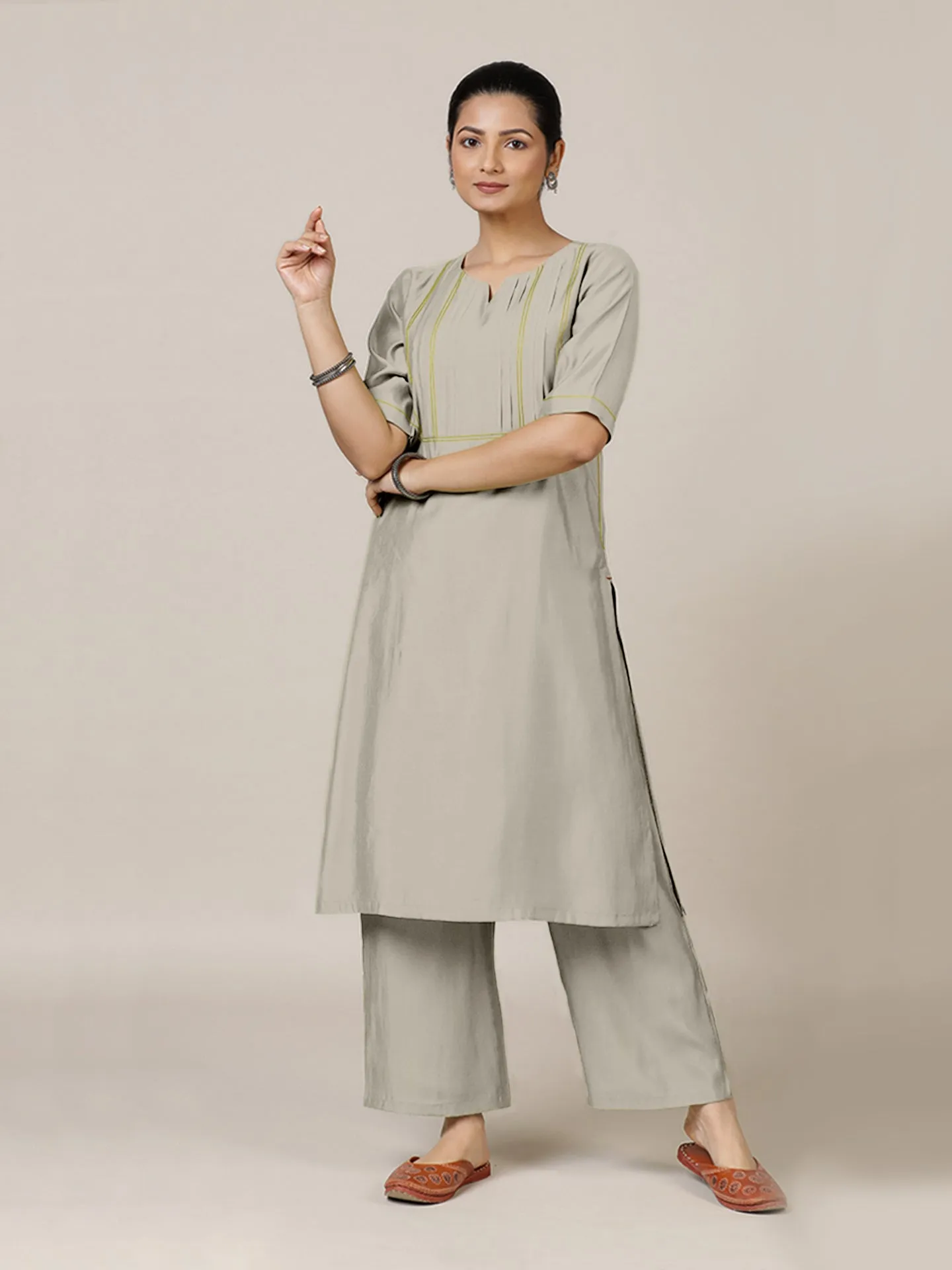 Esha x Rozaana | A Line Kurta in Oyster Grey with Thread Work | Coords or Only Kurta