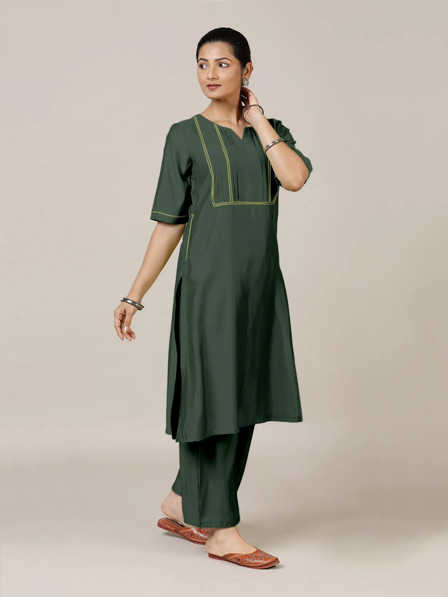 Esha x Rozaana | A Line Kurta in Pine Green with Thread Work | Coords or Only Kurta