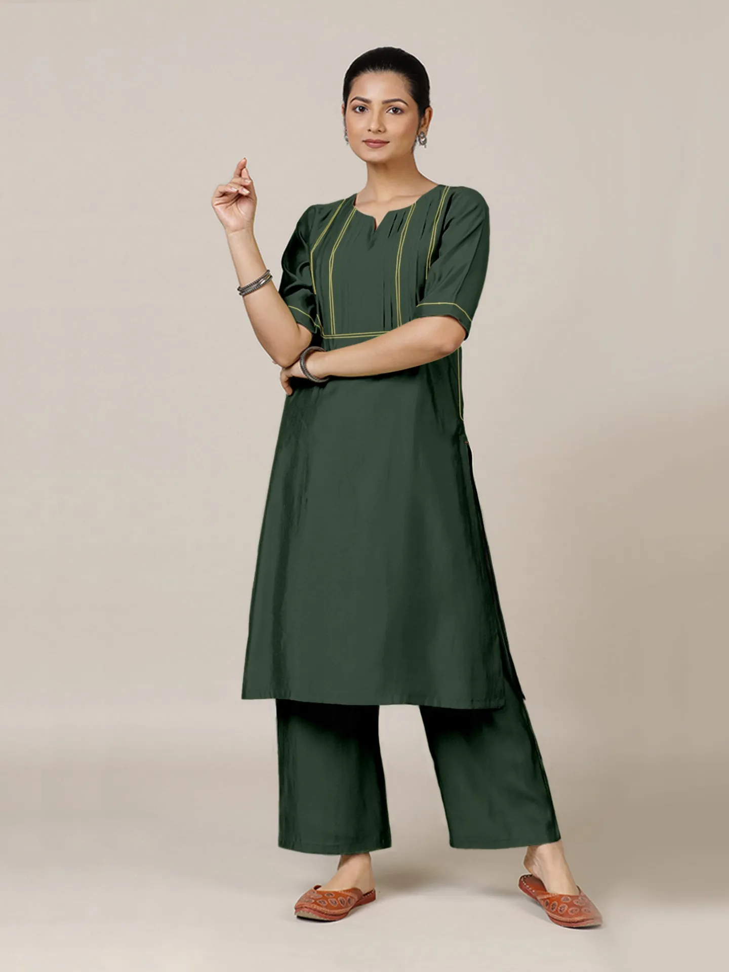 Esha x Rozaana | A Line Kurta in Pine Green with Thread Work | Coords or Only Kurta