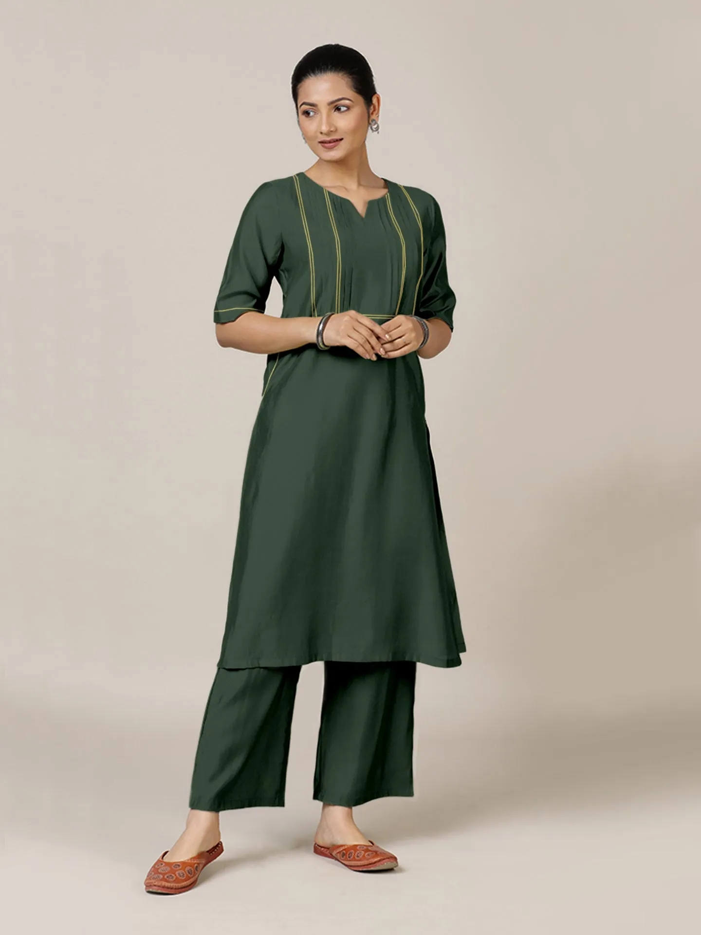 Esha x Rozaana | A Line Kurta in Pine Green with Thread Work | Coords or Only Kurta
