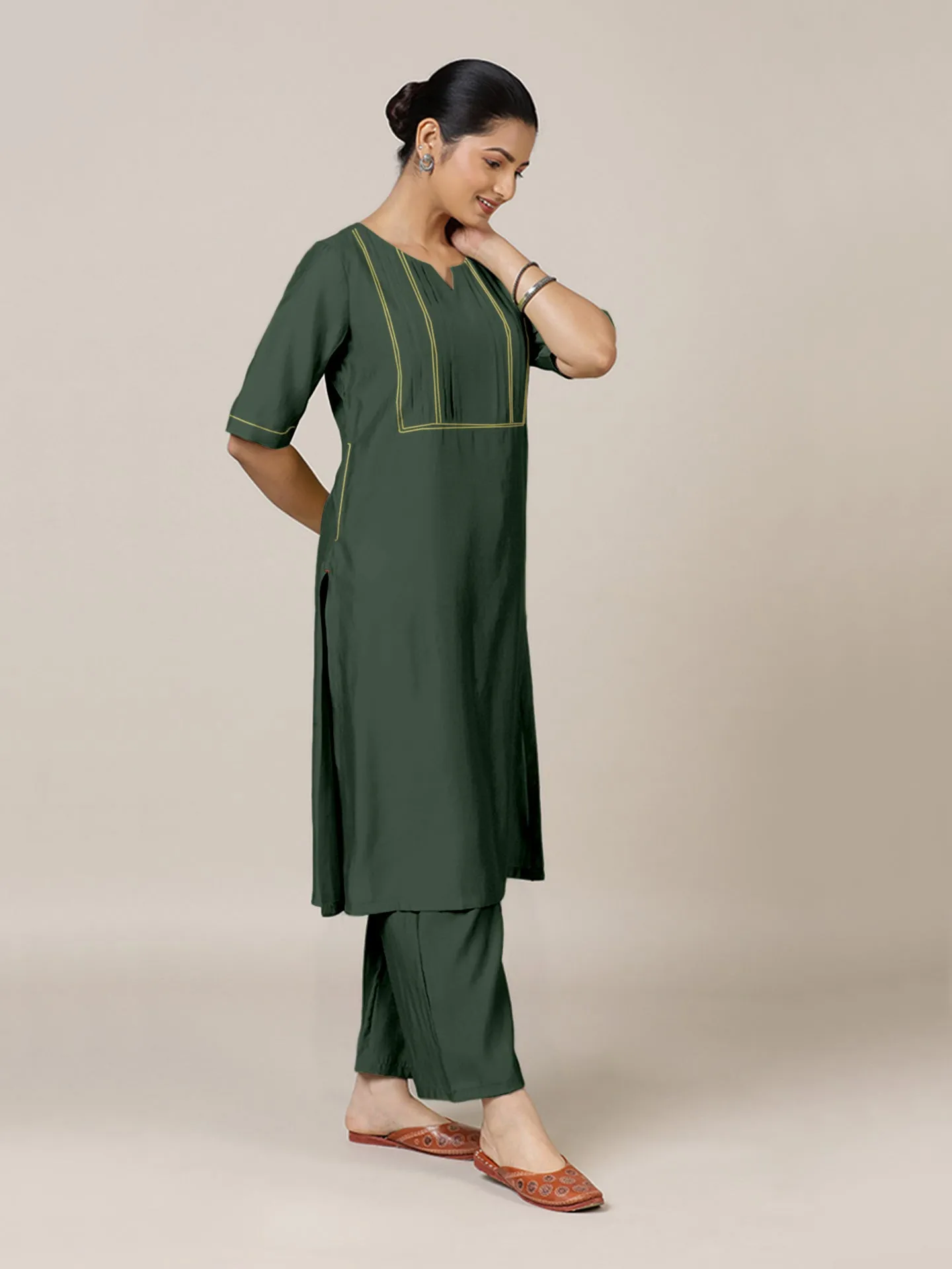 Esha x Rozaana | A Line Kurta in Pine Green with Thread Work | Coords or Only Kurta