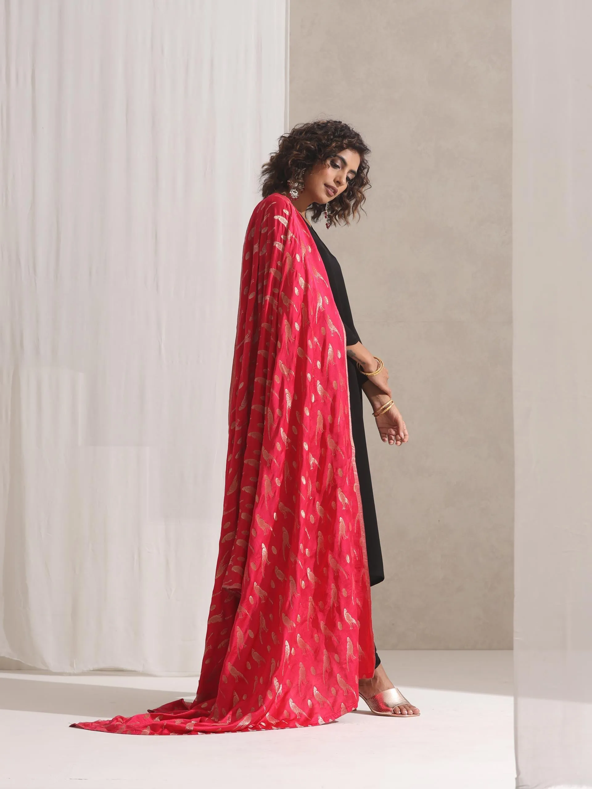 Fuchsia Bird Jacquard Dupatta