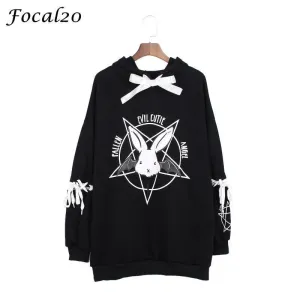 Harajuku Pentagram Print Lace Up Women Fleeces Hoodies