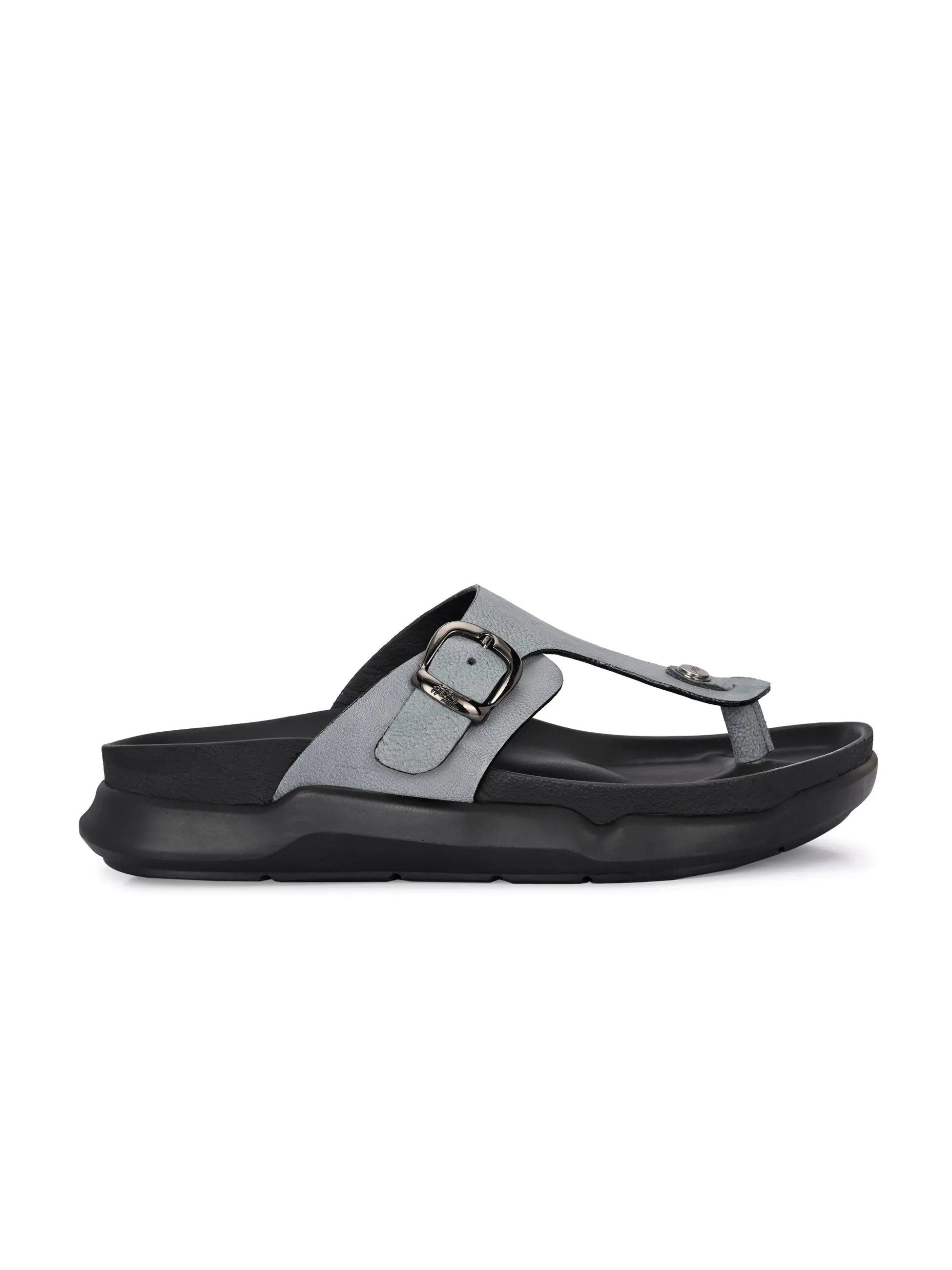 Hitz Men's Grey Leather Casual Daily Wear Slippers