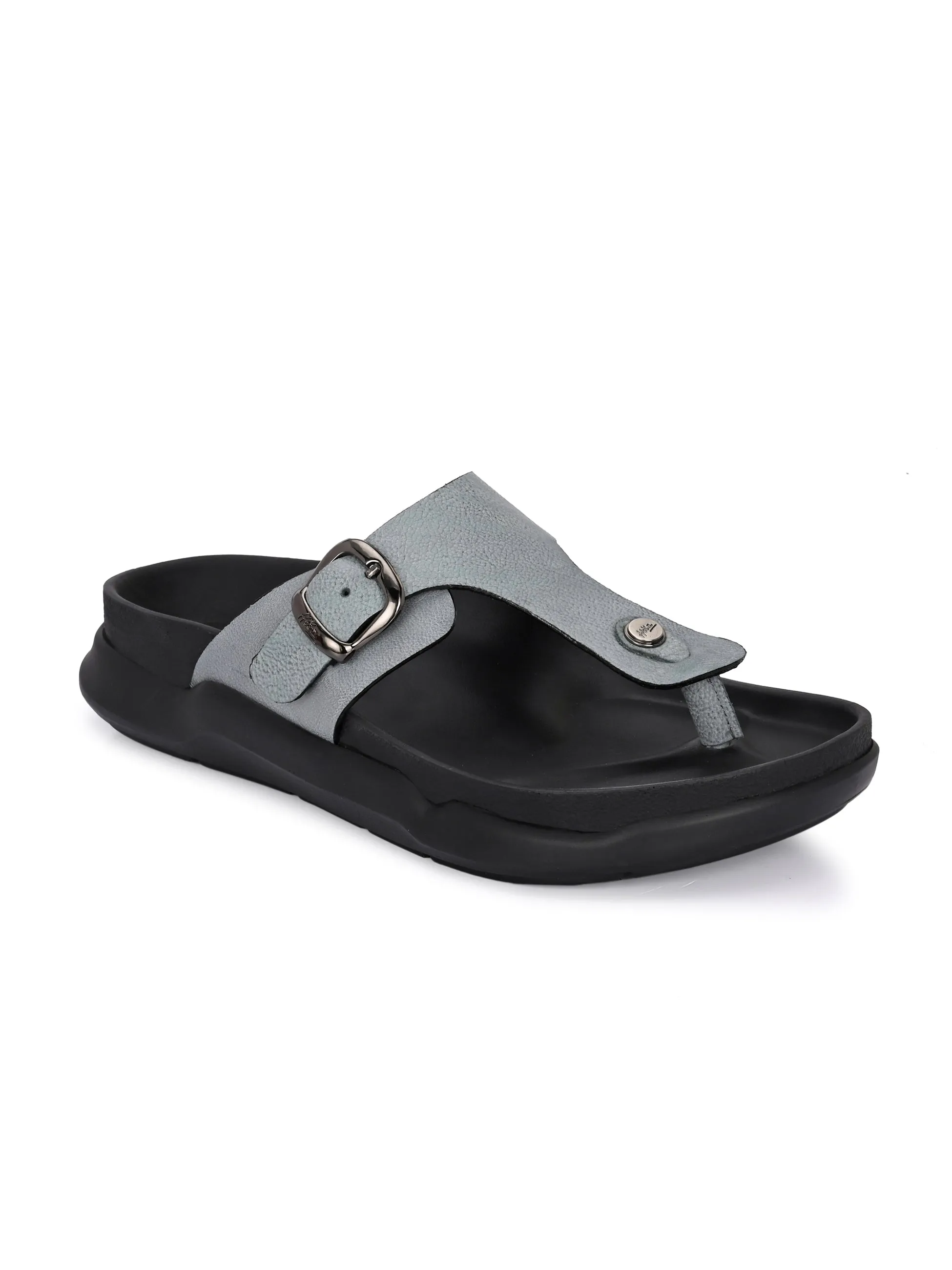 Hitz Men's Grey Leather Casual Daily Wear Slippers