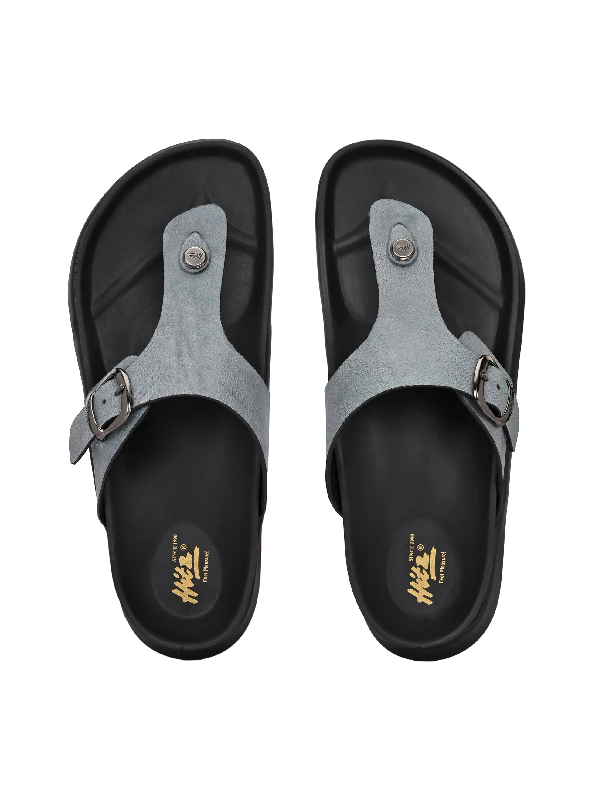 Hitz Men's Grey Leather Casual Daily Wear Slippers