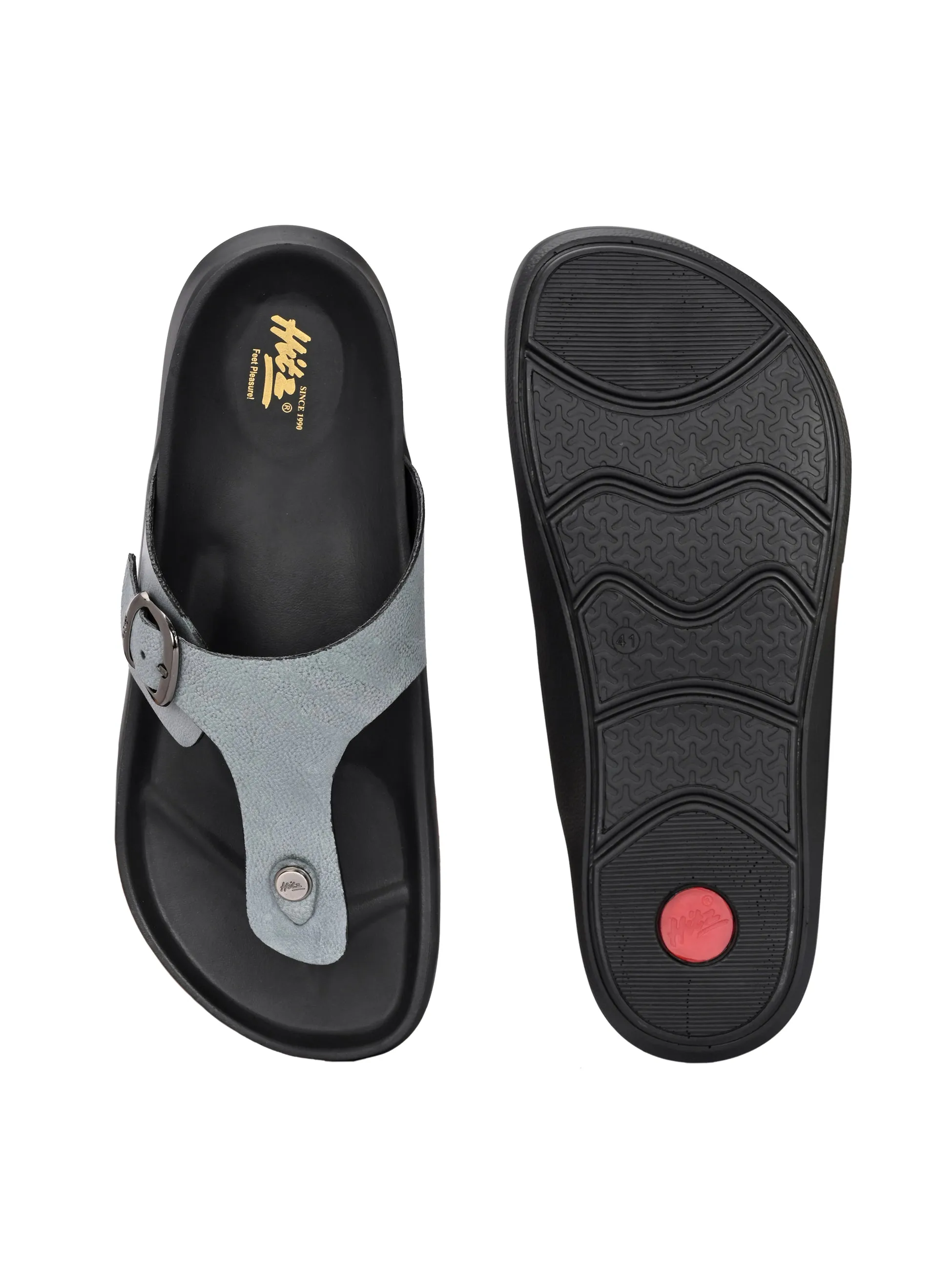 Hitz Men's Grey Leather Casual Daily Wear Slippers