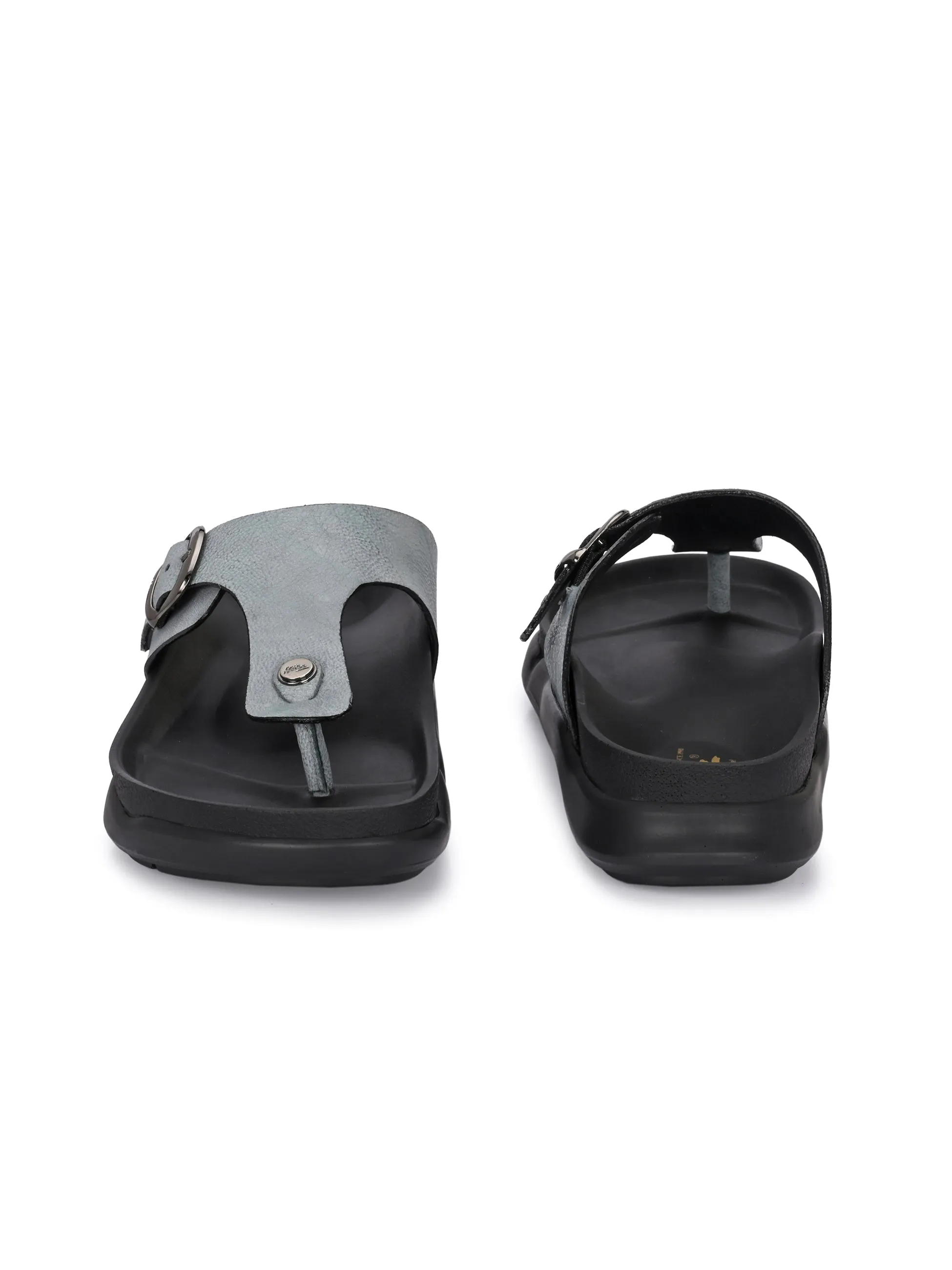 Hitz Men's Grey Leather Casual Daily Wear Slippers