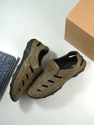Hitz Men's Olive Leather Daily Wear Velcro Sandals
