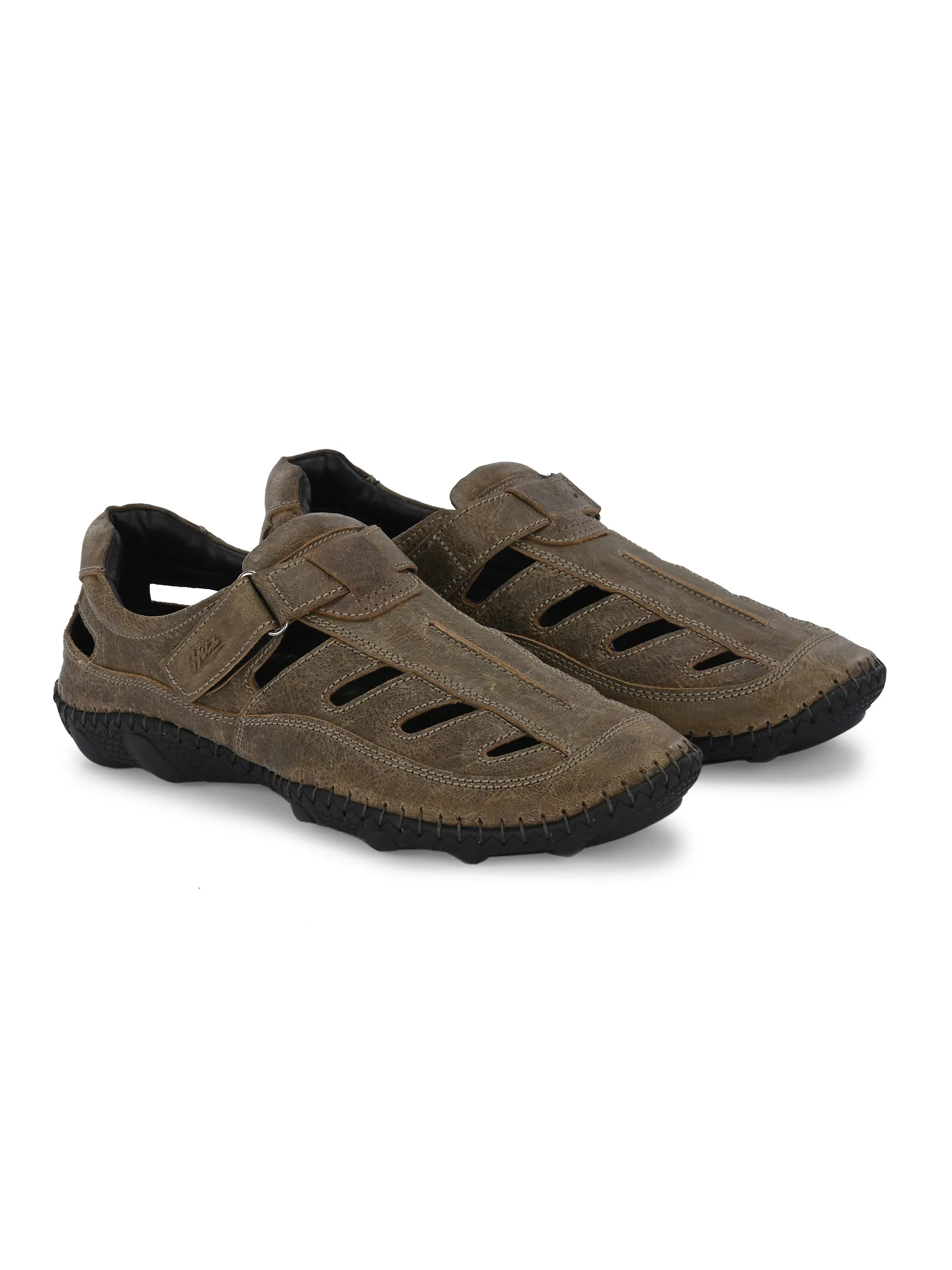 Hitz Men's Olive Leather Daily Wear Velcro Sandals
