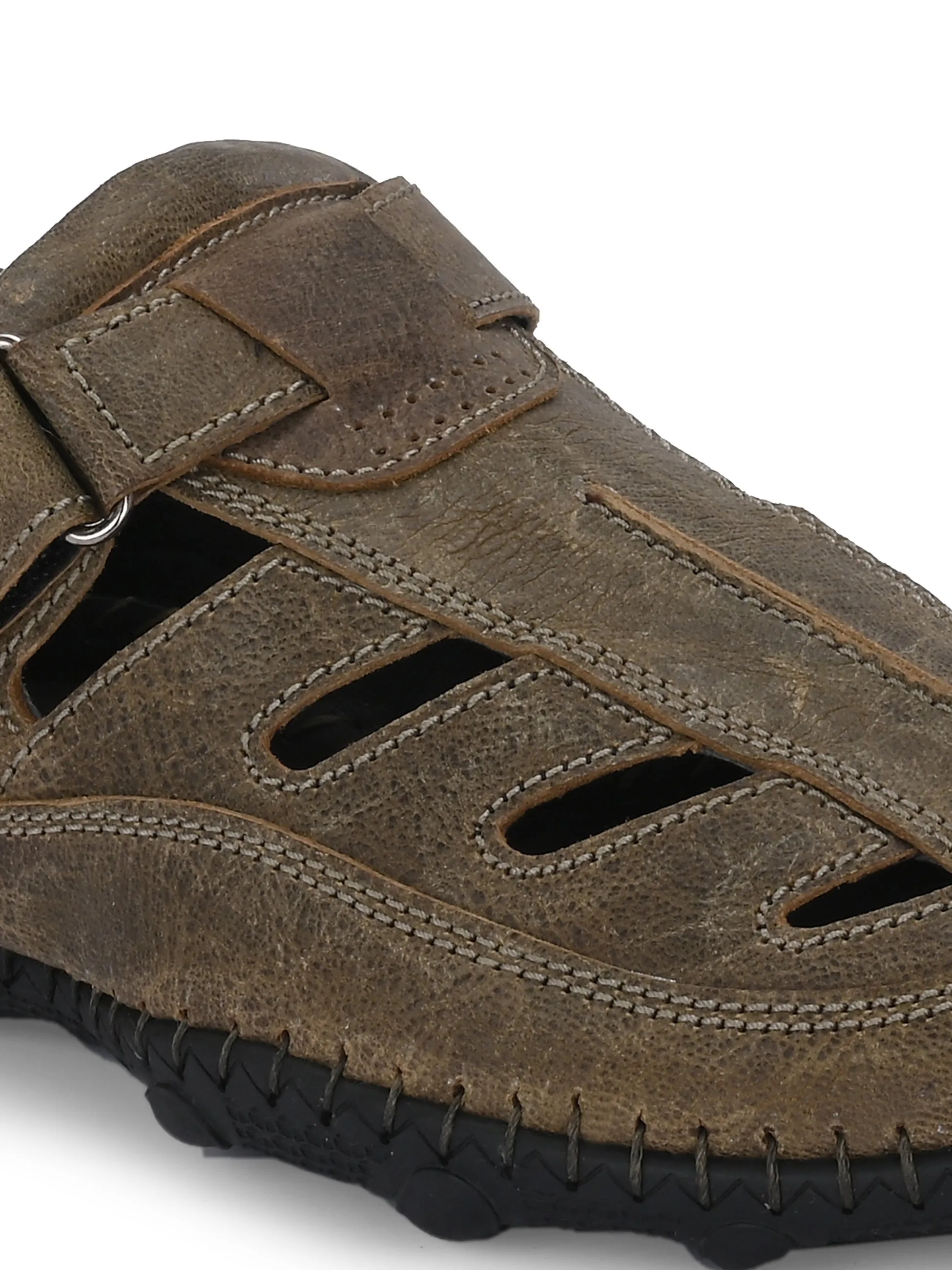 Hitz Men's Olive Leather Daily Wear Velcro Sandals
