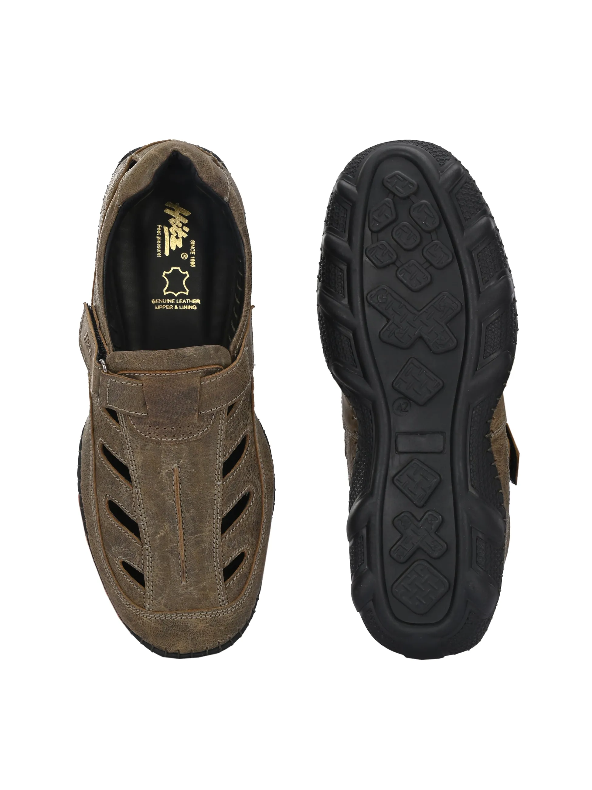 Hitz Men's Olive Leather Daily Wear Velcro Sandals