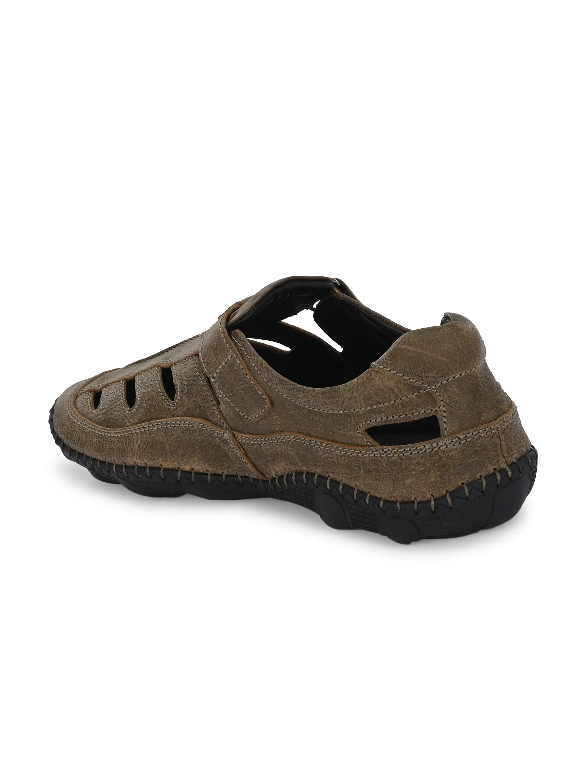 Hitz Men's Olive Leather Daily Wear Velcro Sandals