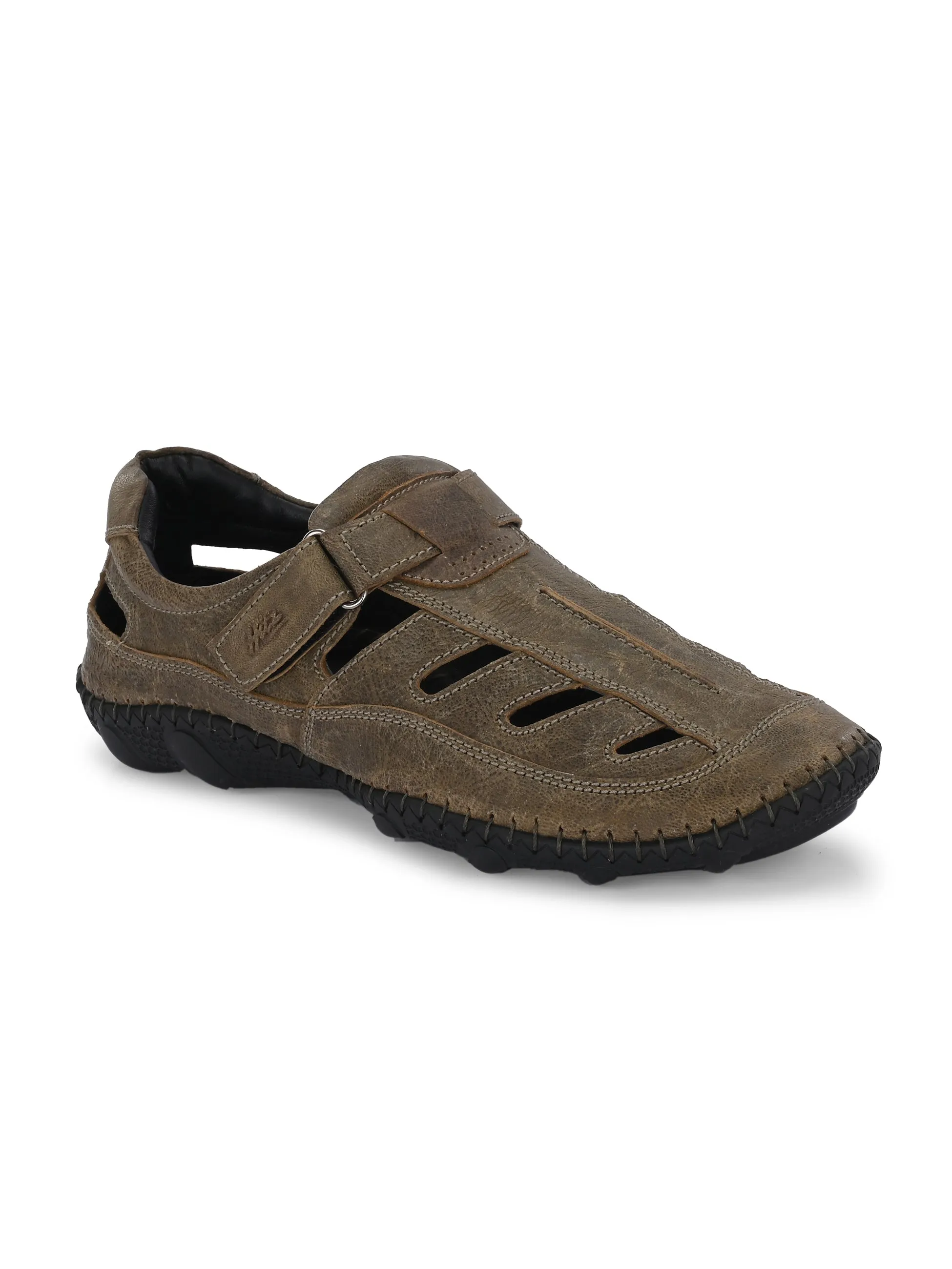 Hitz Men's Olive Leather Daily Wear Velcro Sandals