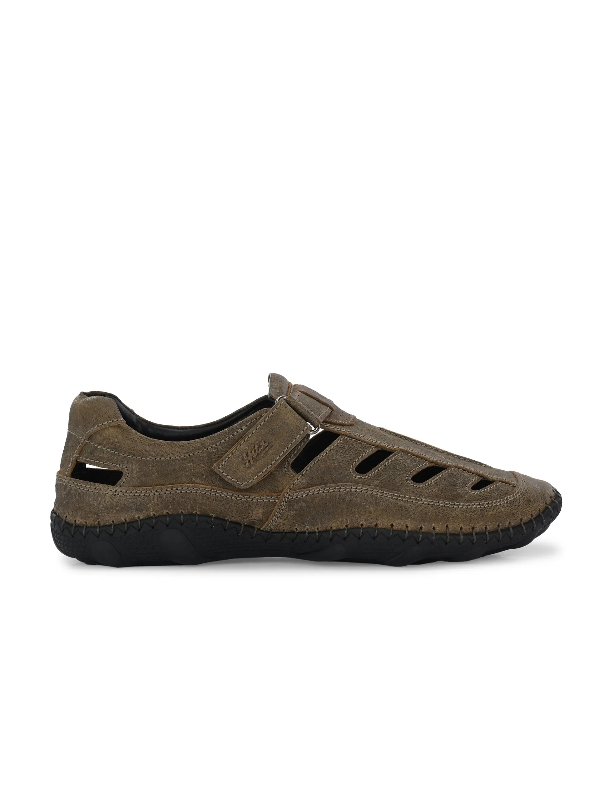 Hitz Men's Olive Leather Daily Wear Velcro Sandals