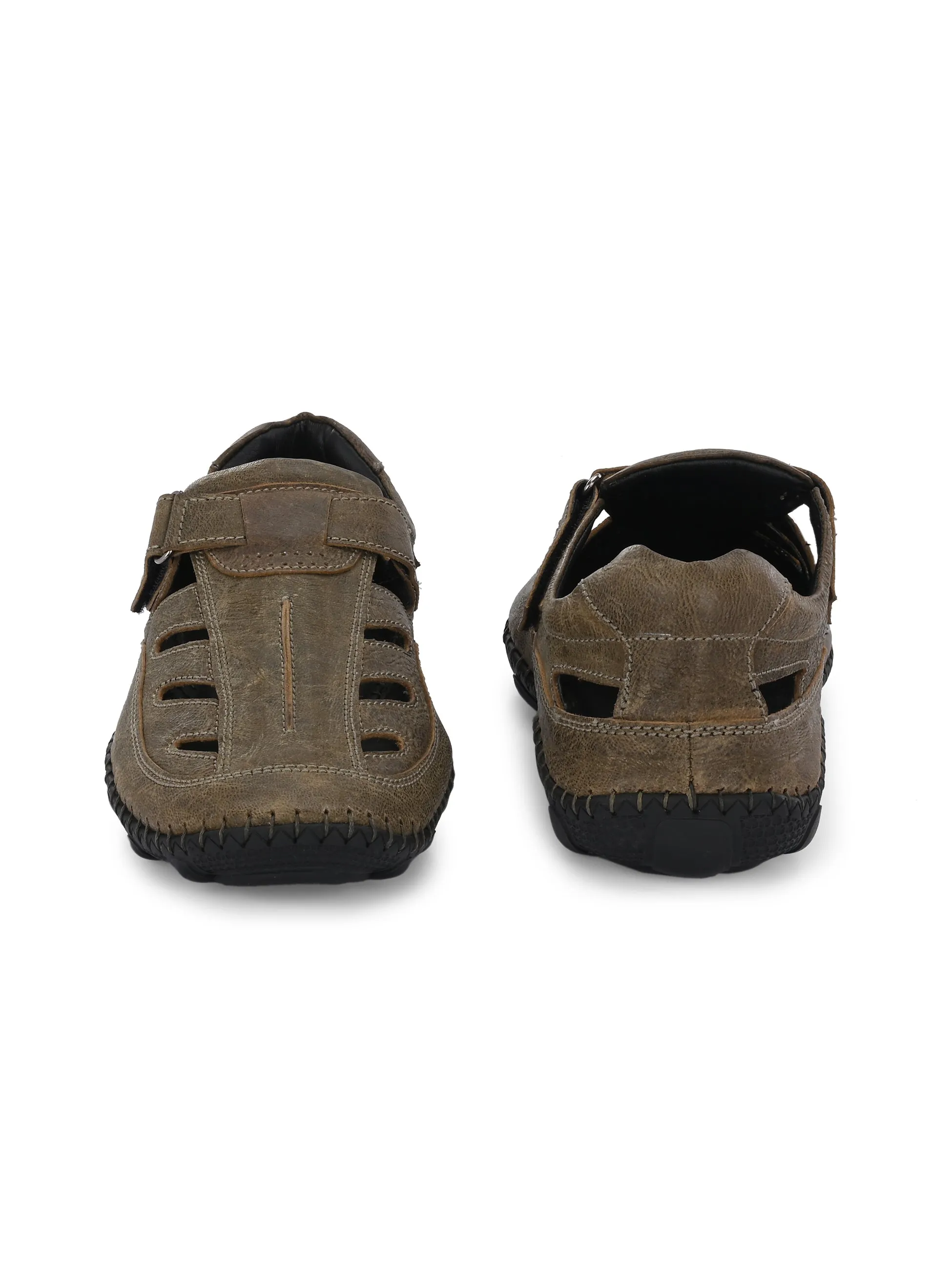 Hitz Men's Olive Leather Daily Wear Velcro Sandals