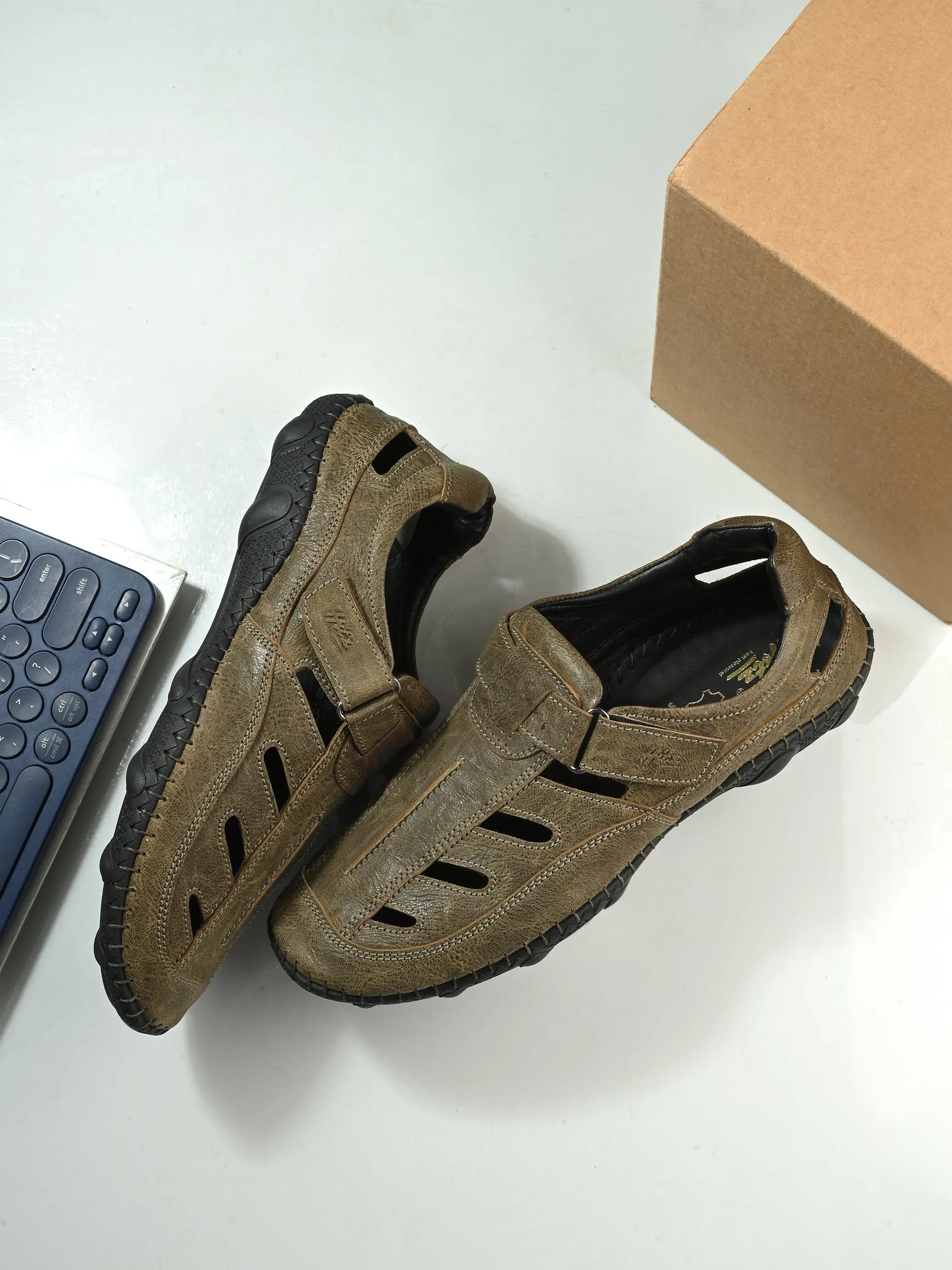 Hitz Men's Olive Leather Daily Wear Velcro Sandals