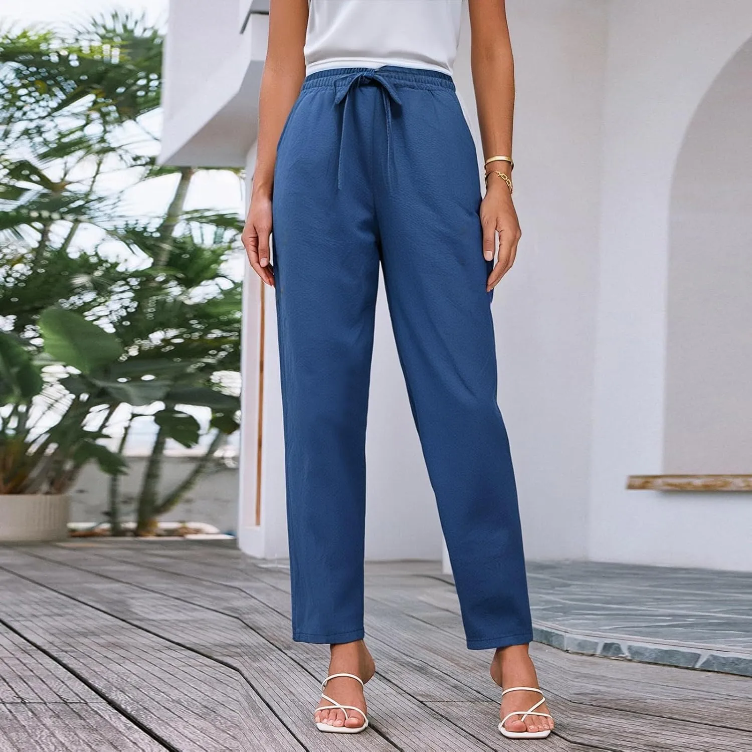HXHYQKP Women's Cotton Linen Straight Leg Pants Elastic Drawstring Casual Summer Beach Lounge Trousers with Pockets