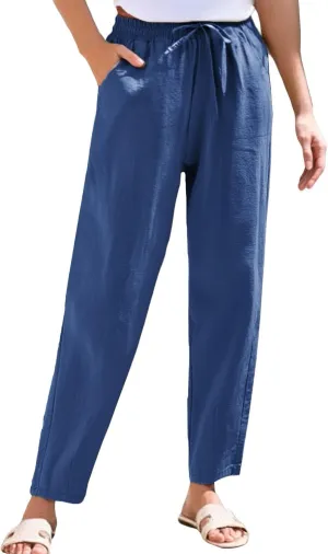 HXHYQKP Women's Cotton Linen Straight Leg Pants Elastic Drawstring Casual Summer Beach Lounge Trousers with Pockets