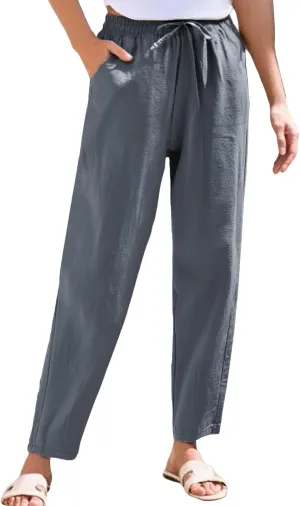 HXHYQKP Women's Cotton Linen Straight Leg Pants Elastic Drawstring Casual Summer Beach Lounge Trousers with Pockets