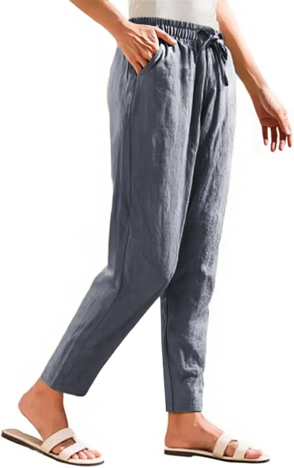 HXHYQKP Women's Cotton Linen Straight Leg Pants Elastic Drawstring Casual Summer Beach Lounge Trousers with Pockets