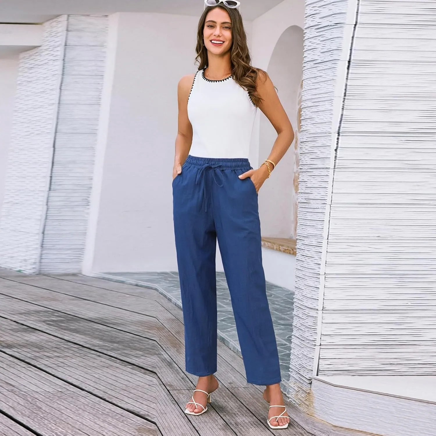 HXHYQKP Women's Cotton Linen Straight Leg Pants Elastic Drawstring Casual Summer Beach Lounge Trousers with Pockets
