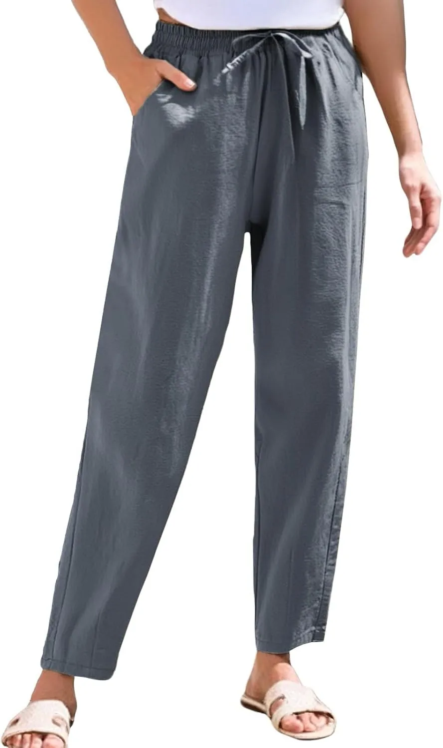 HXHYQKP Women's Cotton Linen Straight Leg Pants Elastic Drawstring Casual Summer Beach Lounge Trousers with Pockets