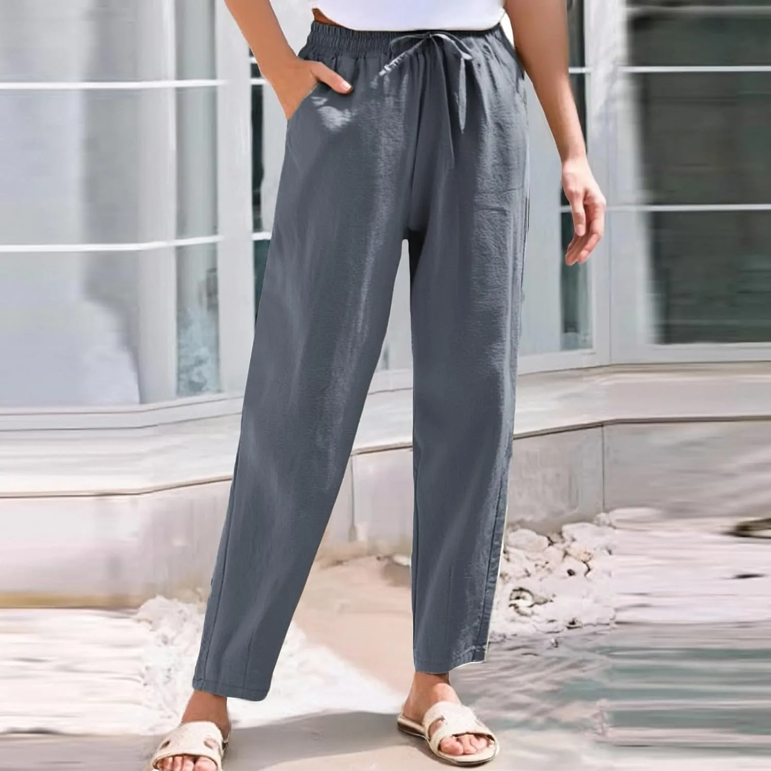 HXHYQKP Women's Cotton Linen Straight Leg Pants Elastic Drawstring Casual Summer Beach Lounge Trousers with Pockets