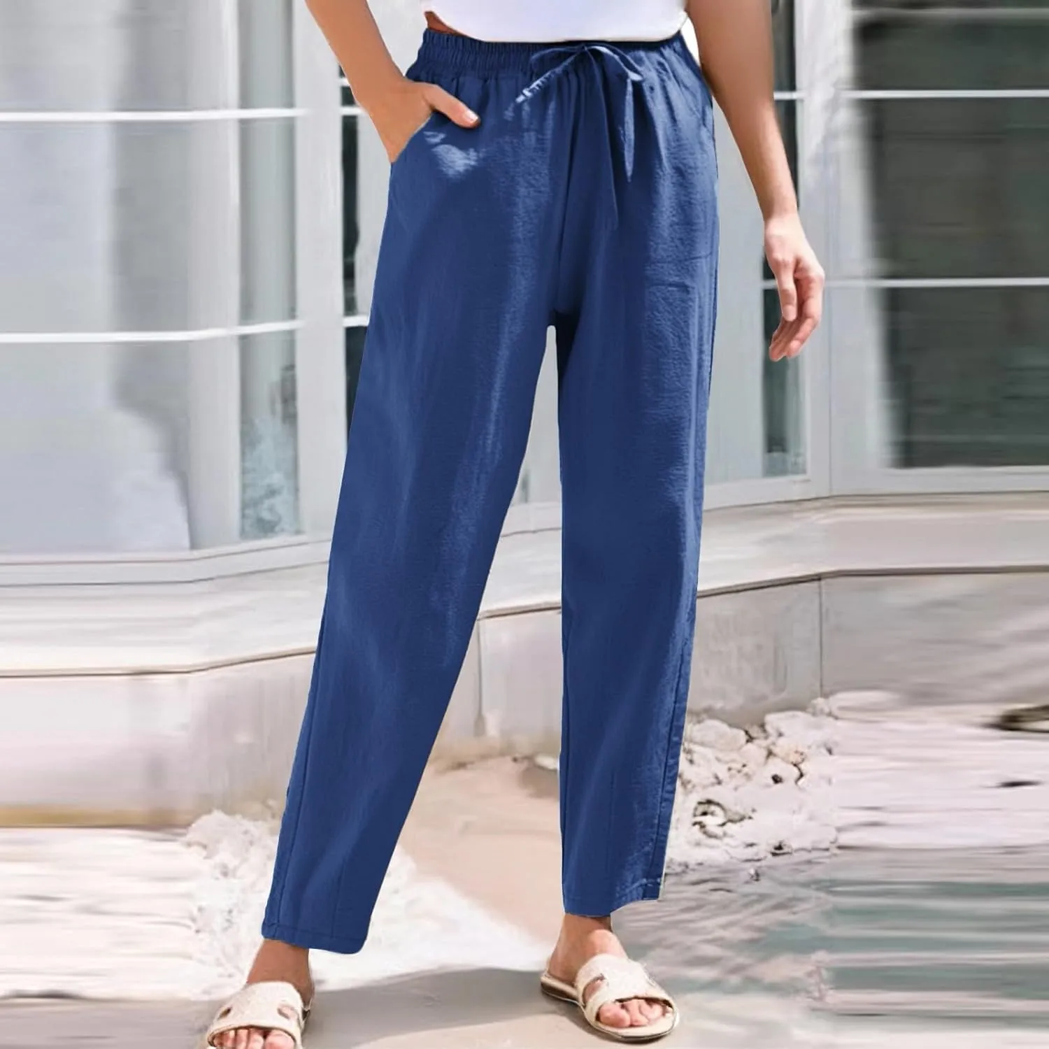 HXHYQKP Women's Cotton Linen Straight Leg Pants Elastic Drawstring Casual Summer Beach Lounge Trousers with Pockets