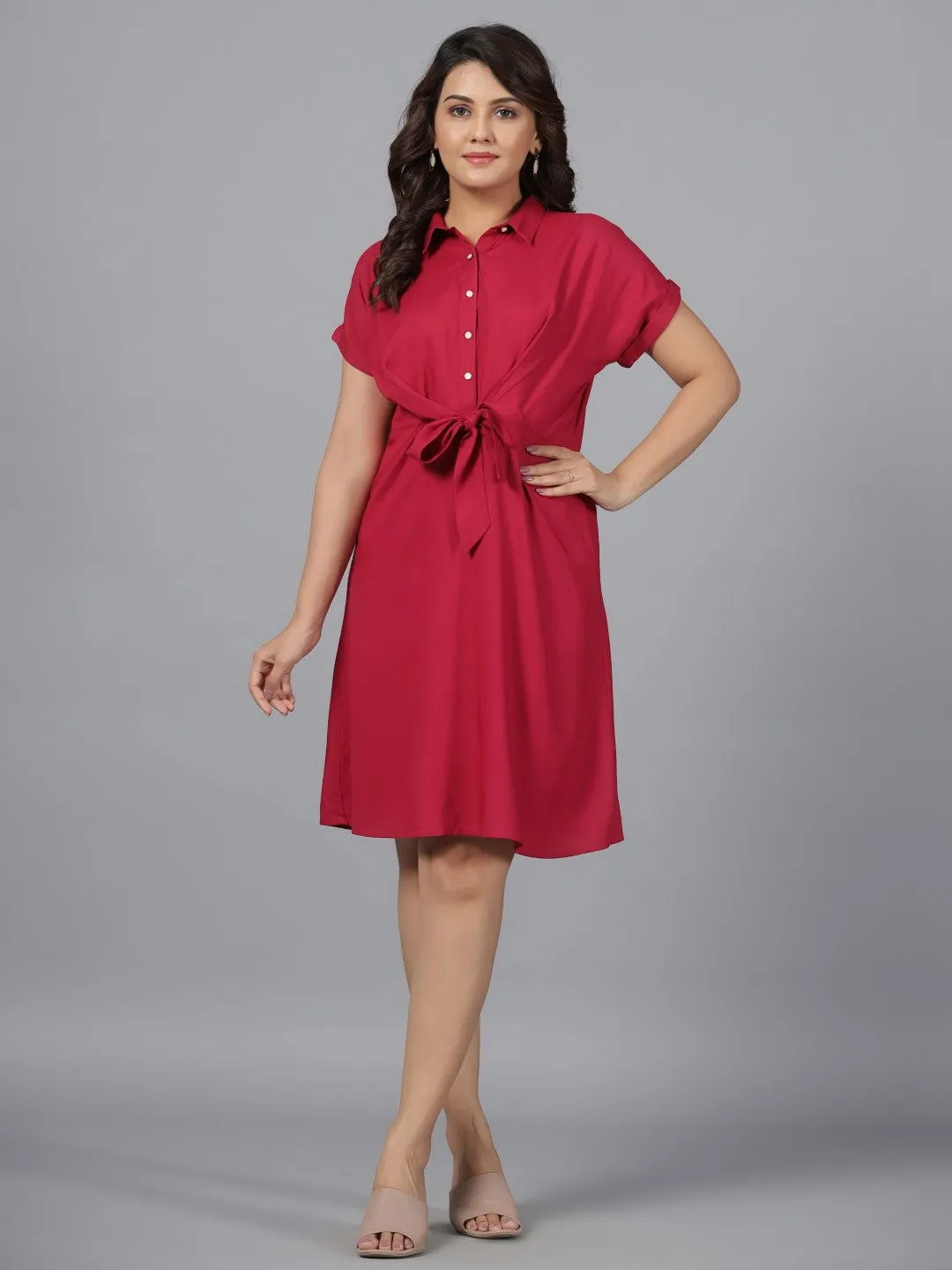 Juniper Fuchsia Solid Rayon A-Line Short Fusion Dress With Front Tie-Up
