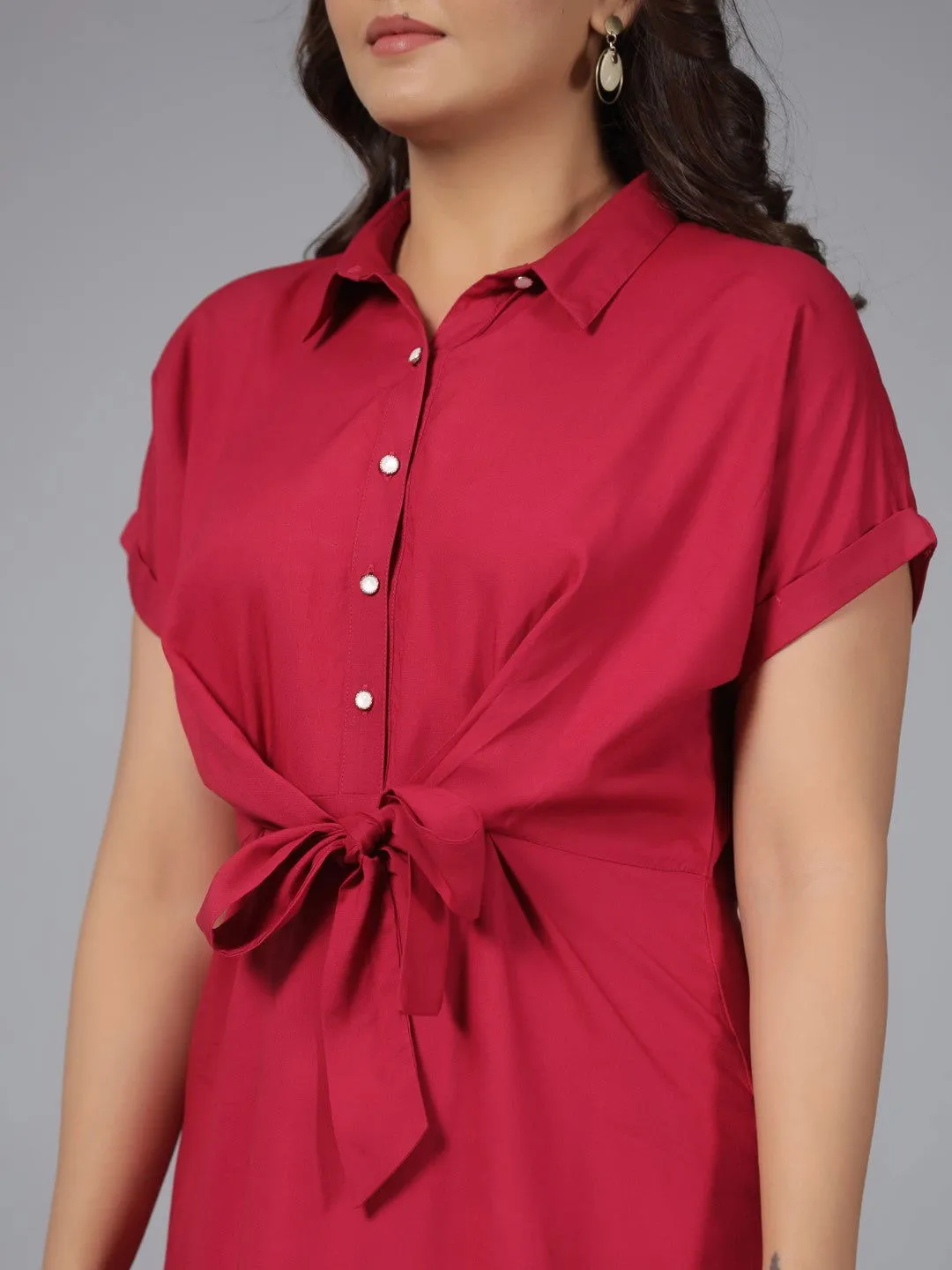 Juniper Fuchsia Solid Rayon A-Line Short Fusion Dress With Front Tie-Up