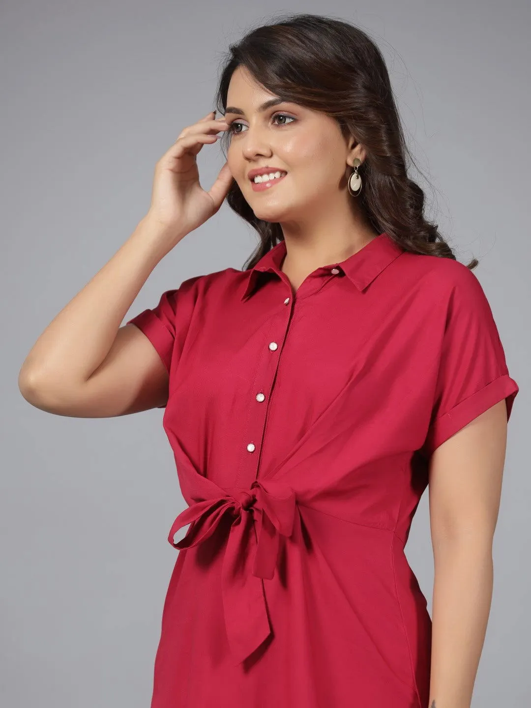 Juniper Fuchsia Solid Rayon A-Line Short Fusion Dress With Front Tie-Up