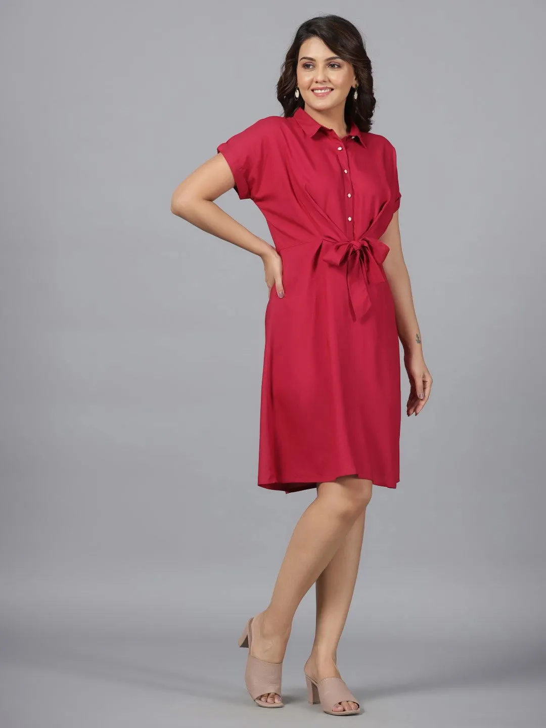 Juniper Fuchsia Solid Rayon A-Line Short Fusion Dress With Front Tie-Up