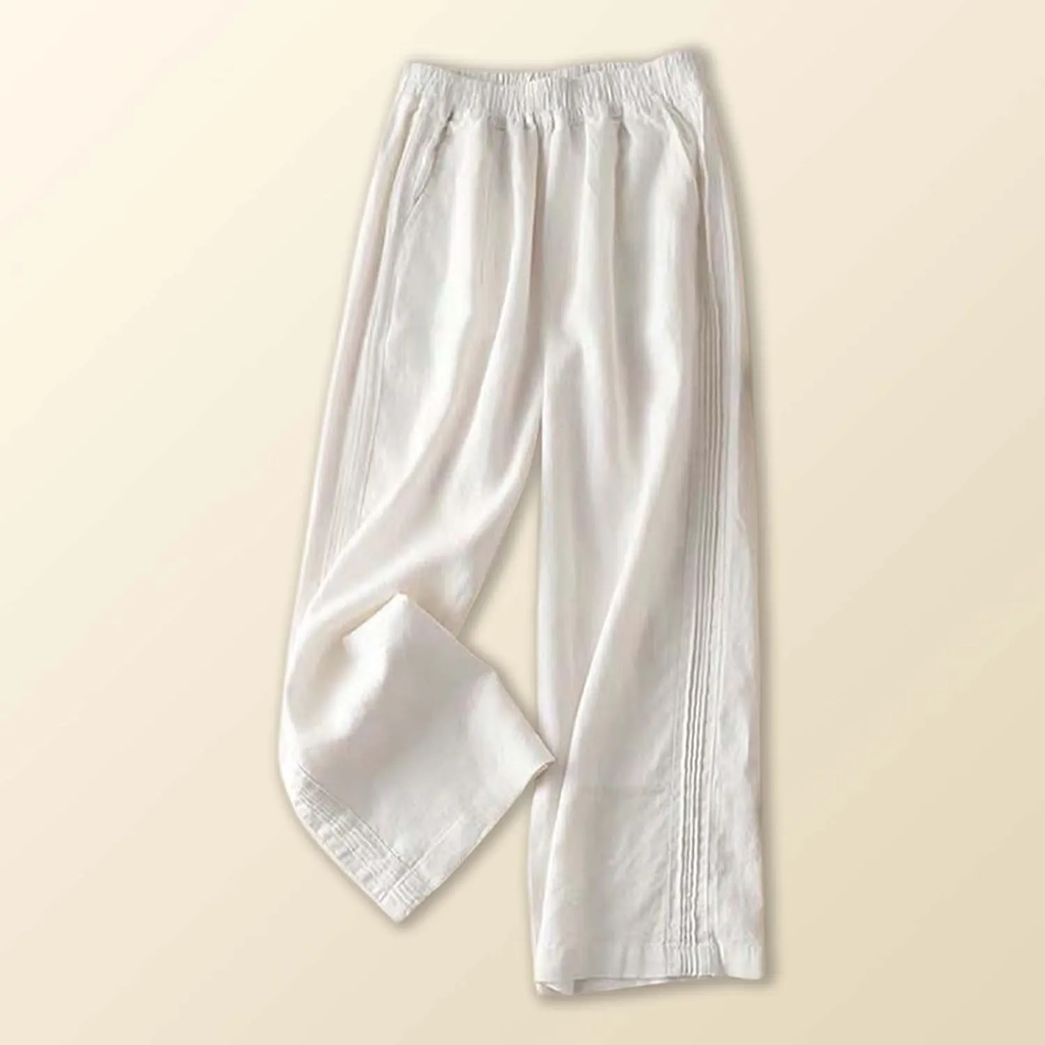 Linen Blend Pants for Women Casual Wide Leg Summer Palazzo Loose High Waist Flowy Beach Pants Baggy Elastic