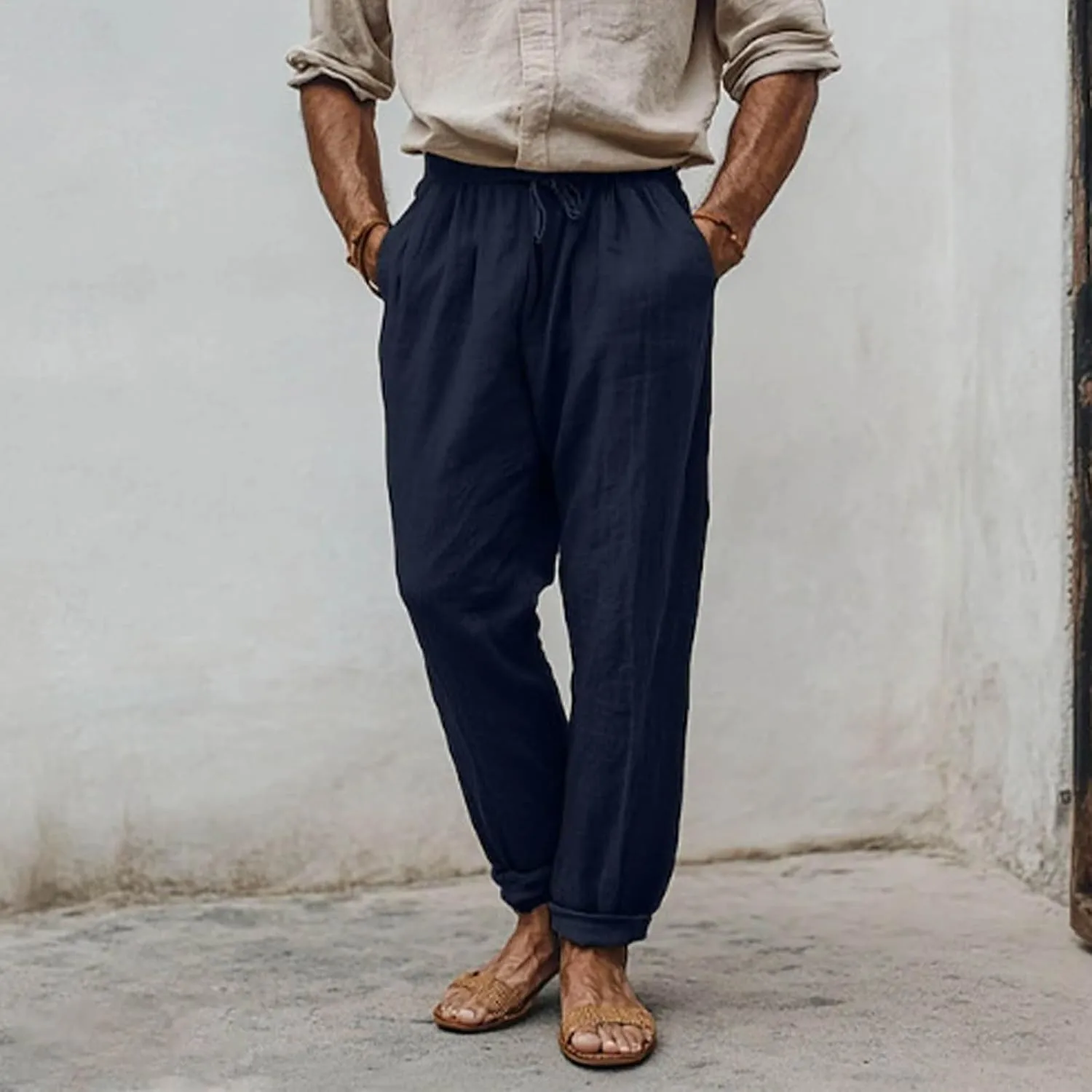 Linen Pants Men Drawstring Lightweight Beach Summer Yoga Pants Elastic Waist Slim Relaxed Fit Trousers with Pockets