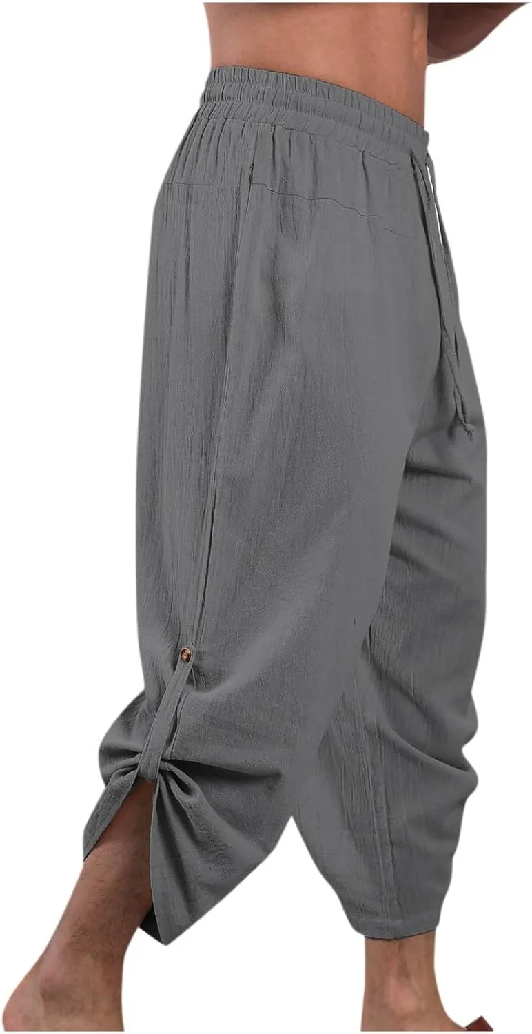 Linen Pants Mens Casual Pants Drawstring Beach Trousers Relaxed-Fit Yoga Pants Soft Elastic Waist Pants