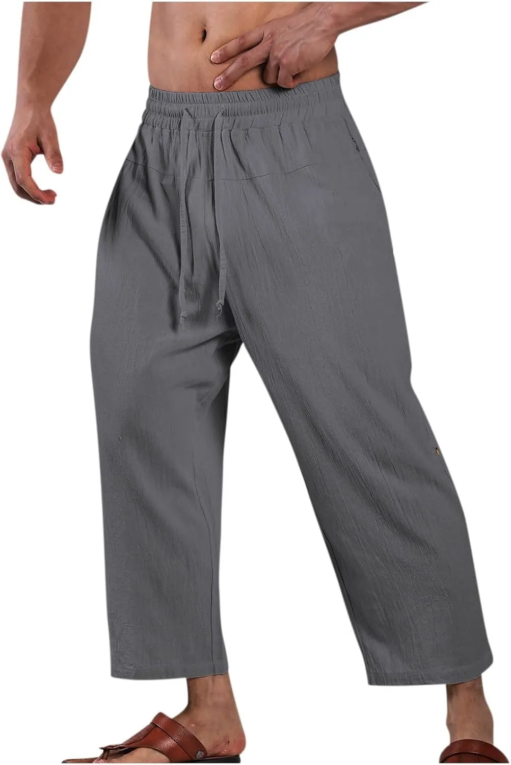 Linen Pants Mens Casual Pants Drawstring Beach Trousers Relaxed-Fit Yoga Pants Soft Elastic Waist Pants