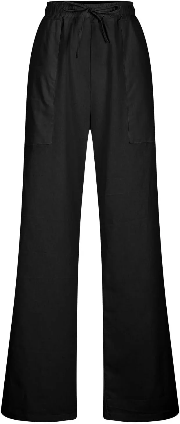 Linen Pants Women Petite Drawstring Relaxed Fit Wide Leg Long Palazzo Pants Trousers Summer Beach Travel Vacation