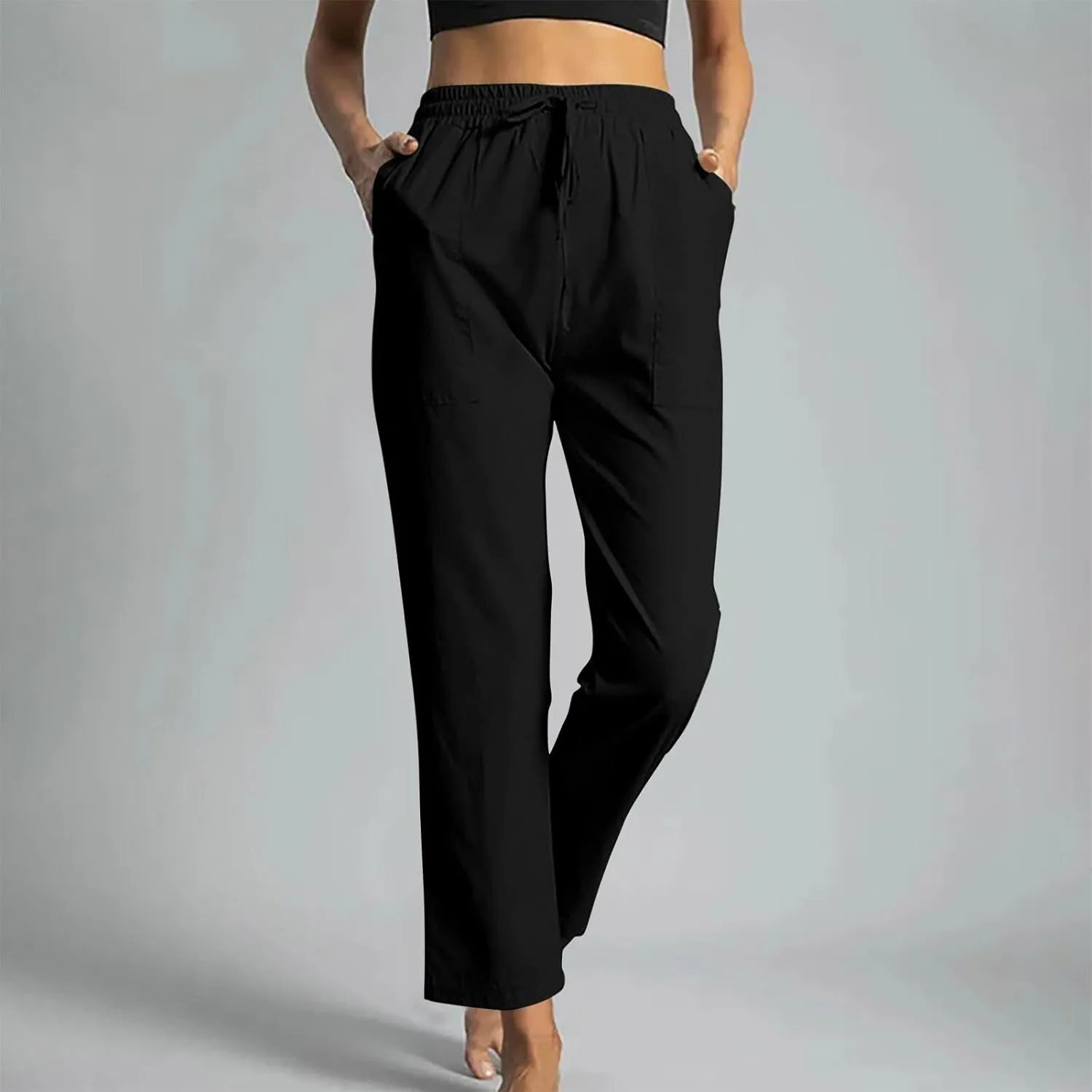 Linen Pants Women Petite Drawstring Relaxed Fit Wide Leg Long Palazzo Pants Trousers Summer Beach Travel Vacation
