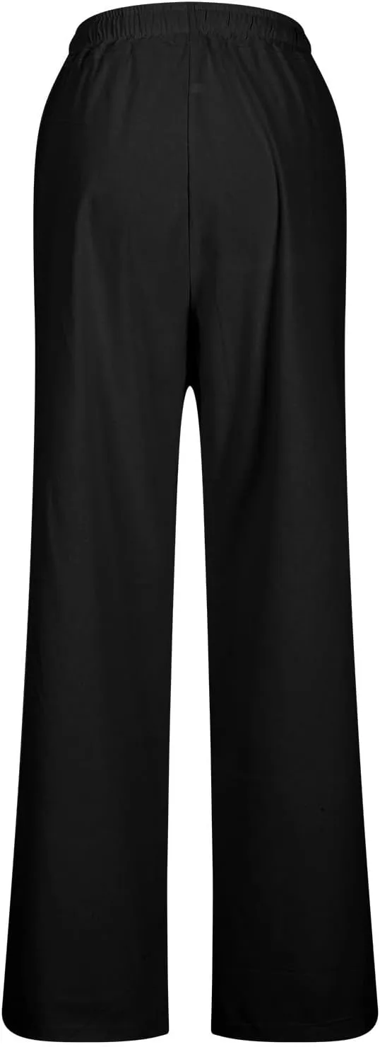 Linen Pants Women Petite Drawstring Relaxed Fit Wide Leg Long Palazzo Pants Trousers Summer Beach Travel Vacation