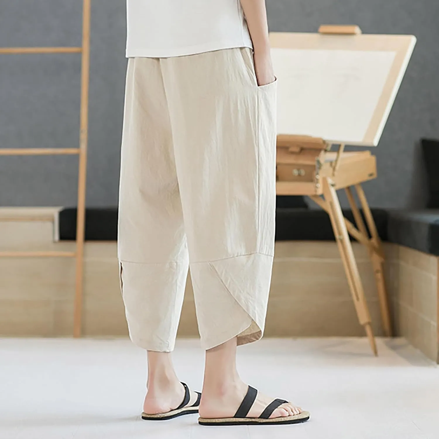 Men's Linen Pants Casual Pants Drawstring Beach Pants Relaxed-Fit Yoga Pants Soft Elastic Waist Pants