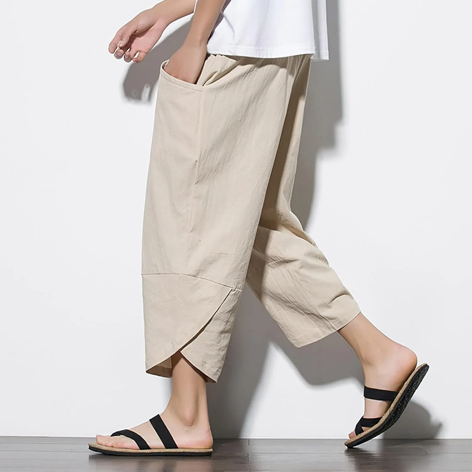 Men's Linen Pants Casual Pants Drawstring Beach Pants Relaxed-Fit Yoga Pants Soft Elastic Waist Pants