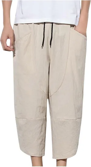 Men's Linen Pants Casual Pants Drawstring Beach Pants Relaxed-Fit Yoga Pants Soft Elastic Waist Pants
