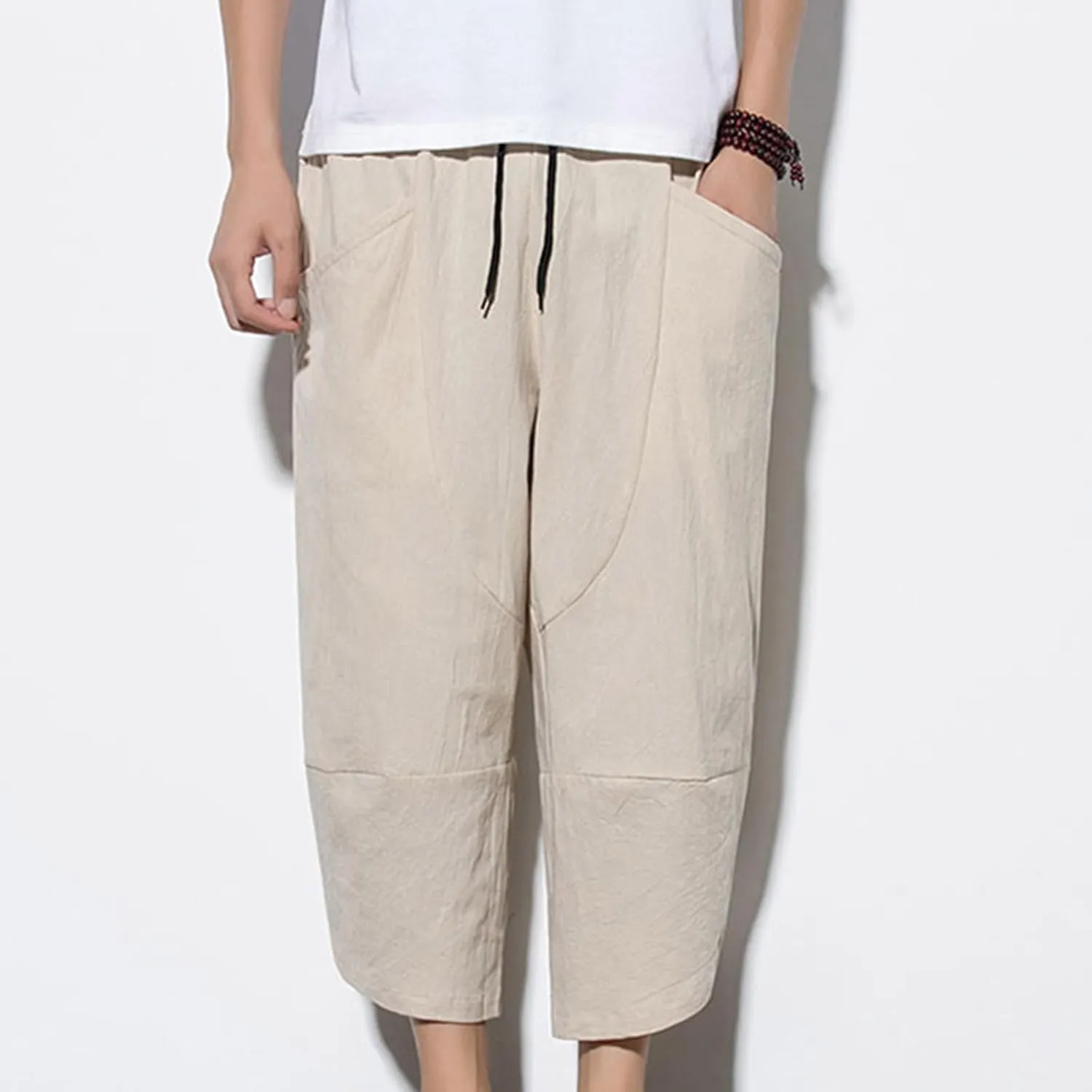 Men's Linen Pants Casual Pants Drawstring Beach Pants Relaxed-Fit Yoga Pants Soft Elastic Waist Pants