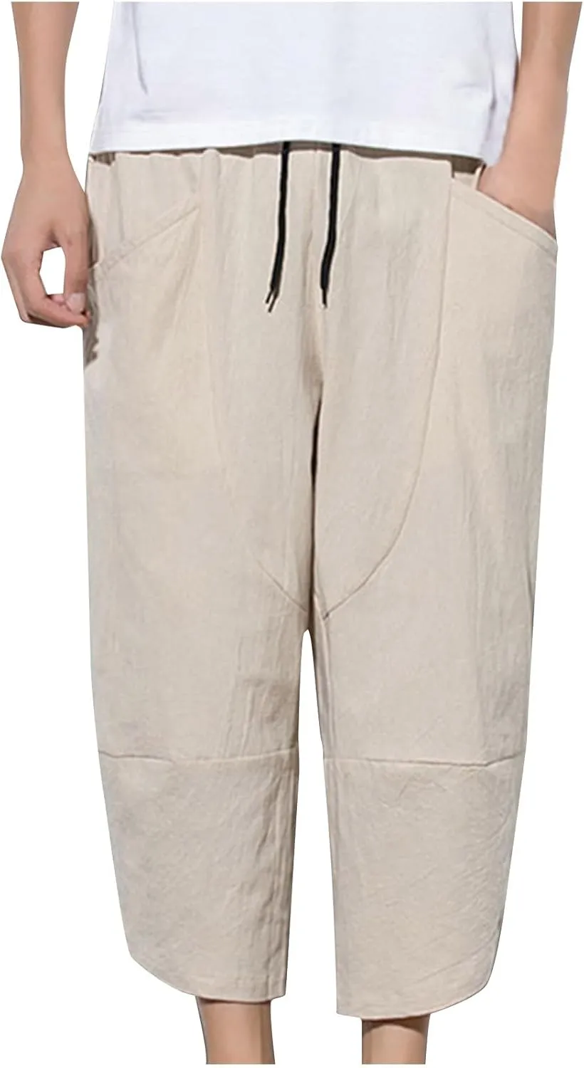 Men's Linen Pants Casual Pants Drawstring Beach Pants Relaxed-Fit Yoga Pants Soft Elastic Waist Pants