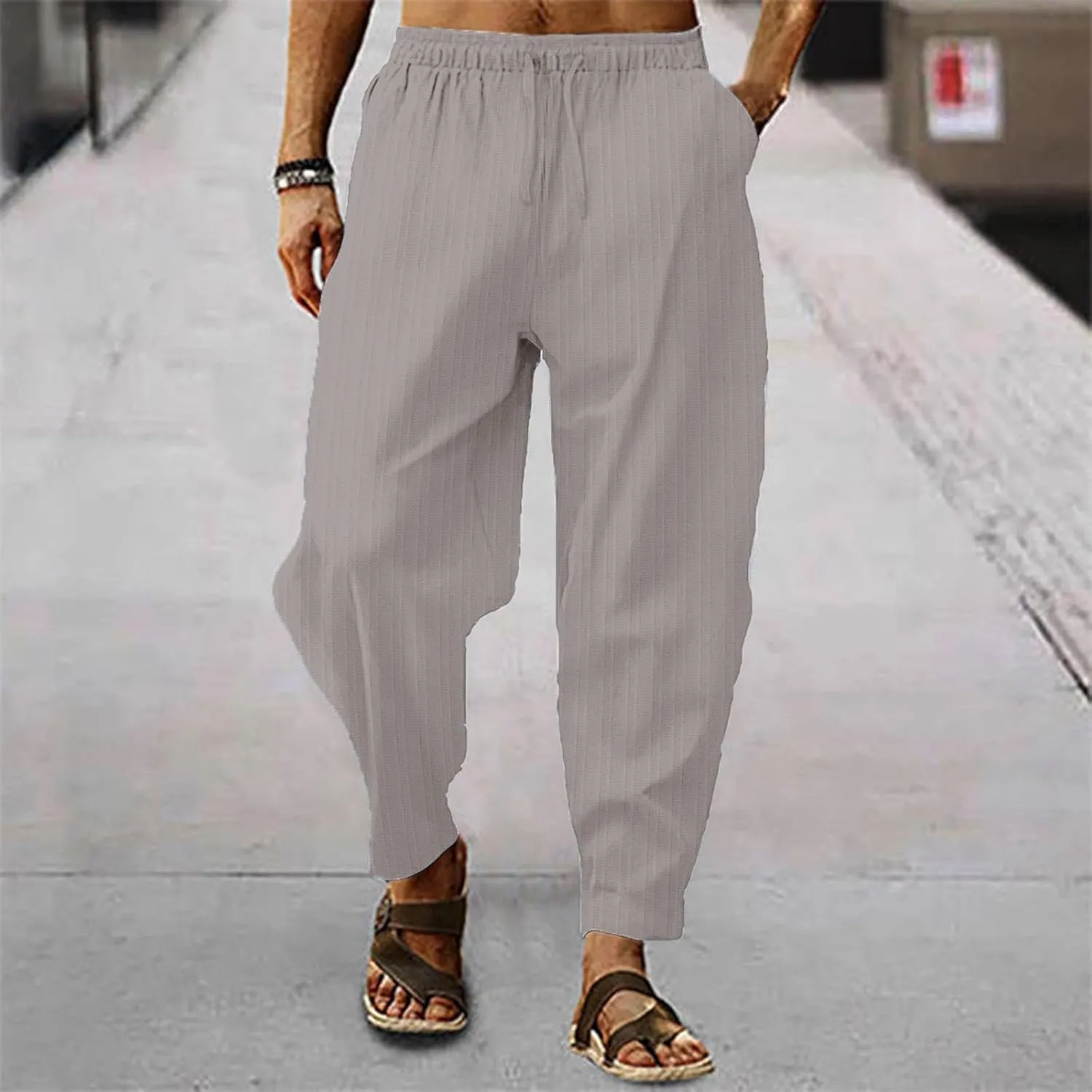 Men's Linen Pants Striped Casual Beach Vacation Slacks Open Bottom Drawstring Waist Relaxed Fit Trousers for Summer